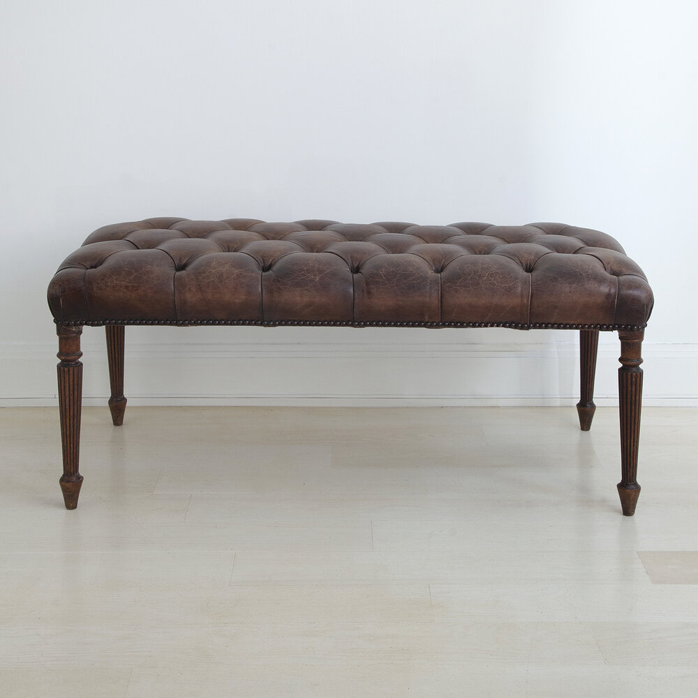 19th Century English Bench Upholstered In Button Tufted Leather Saved Ny