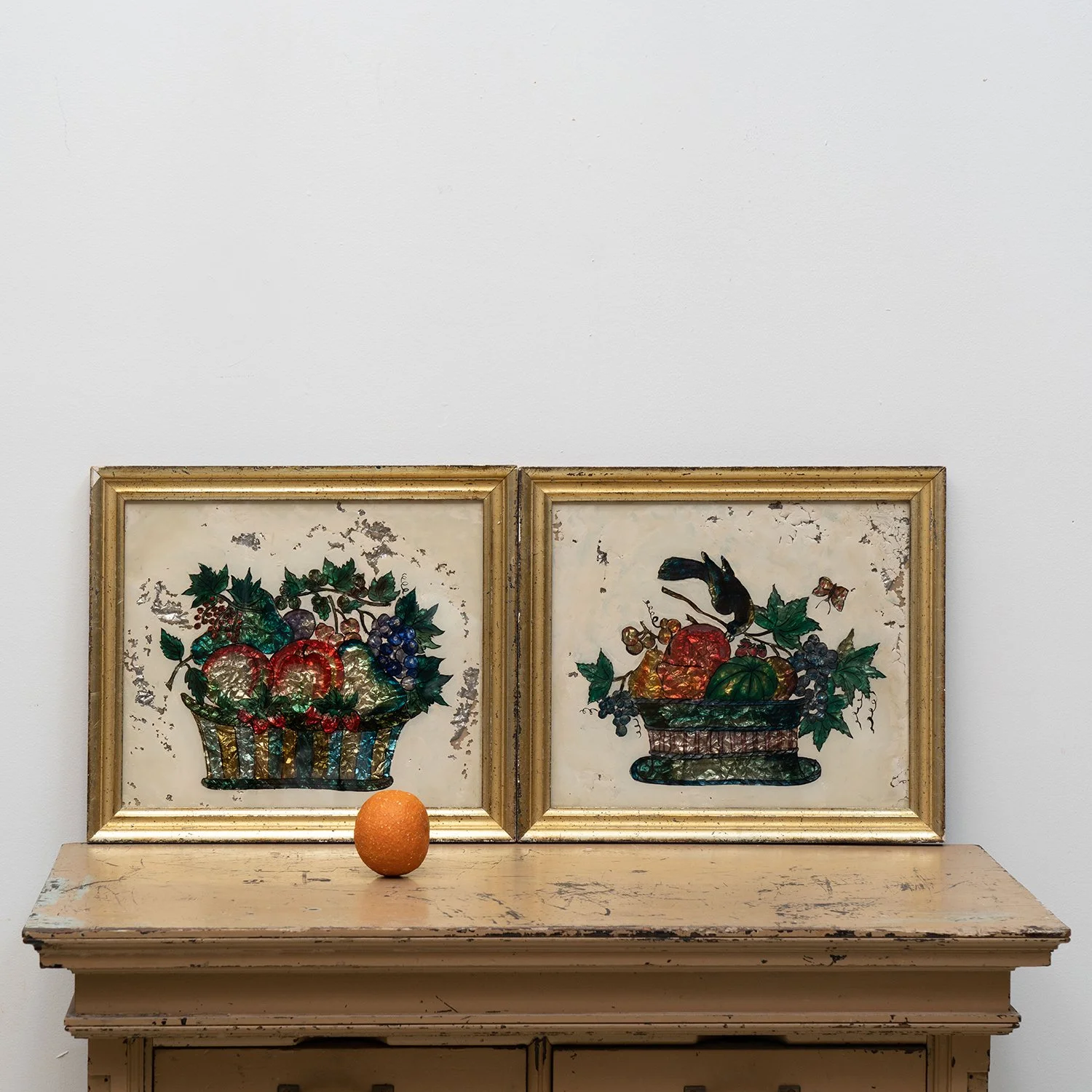 PAIR OF FOLK ART TINSEL PAINTINGS — SAVED NY