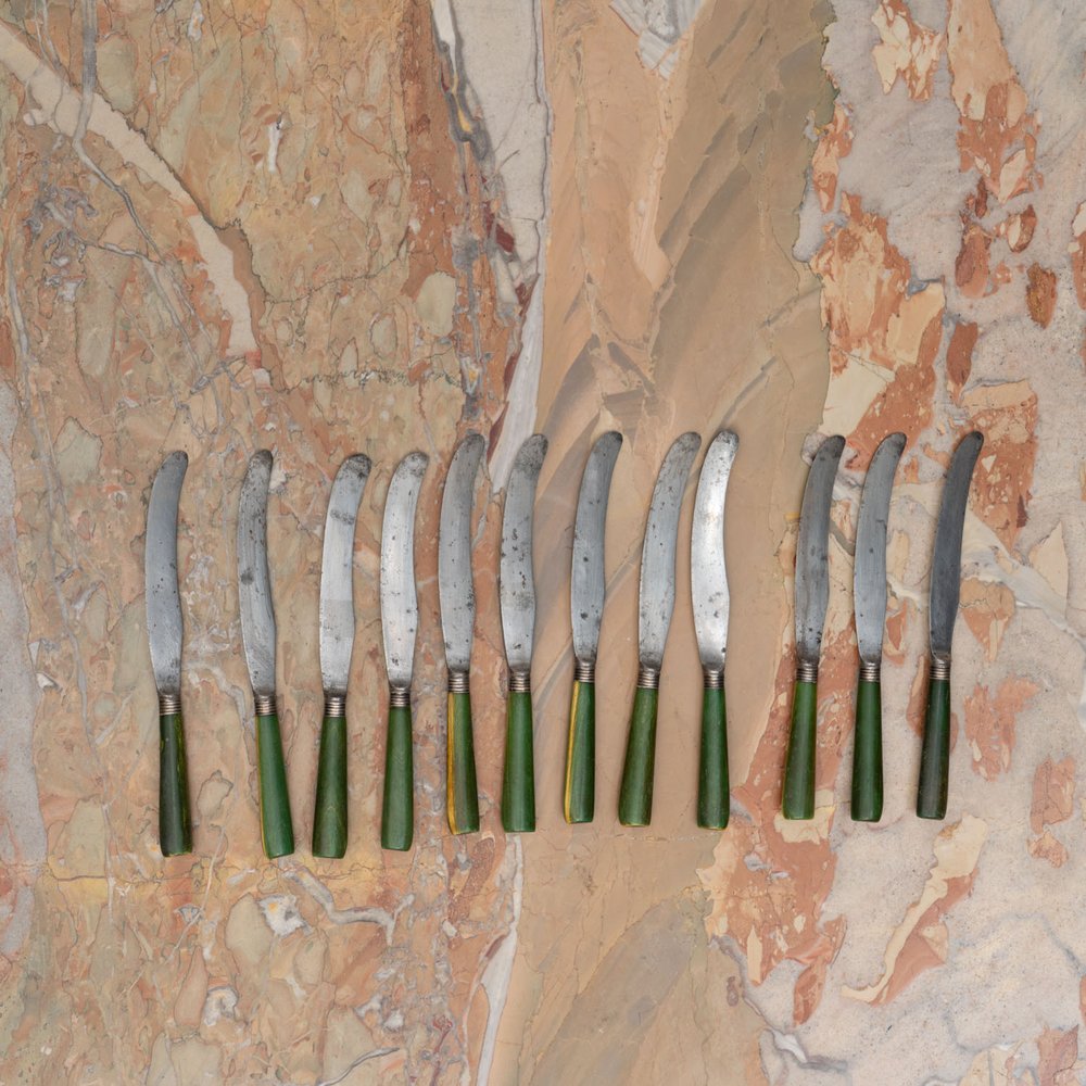 SET OF 12 ANTIQUE WOOD HANDLED KNIVES WITH STERLING BANDS — SAVED NY