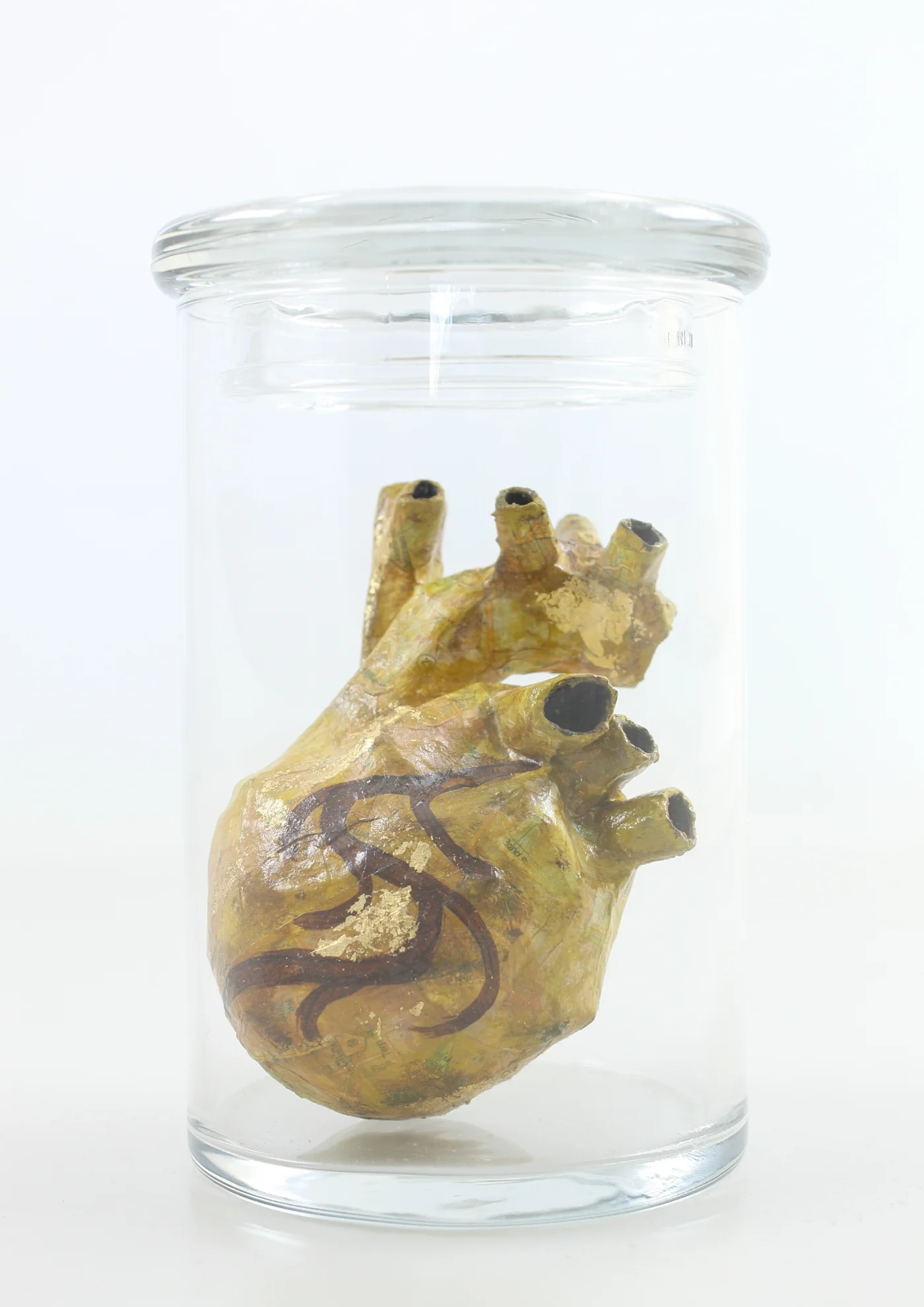 Caged Heart - Yellow Papier maché and glass jar 7 x 5 inches 2014