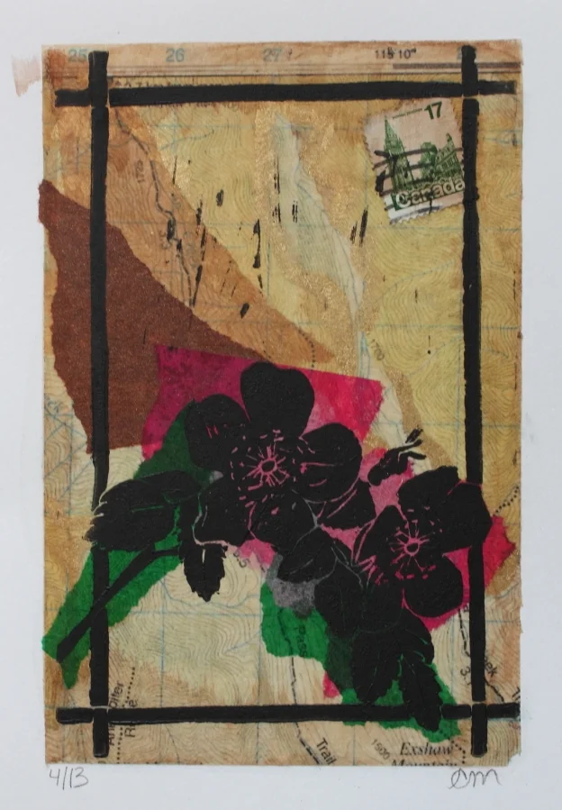 Wild Rose Linocut on tissue paper collage 5 x 7 inches 2015