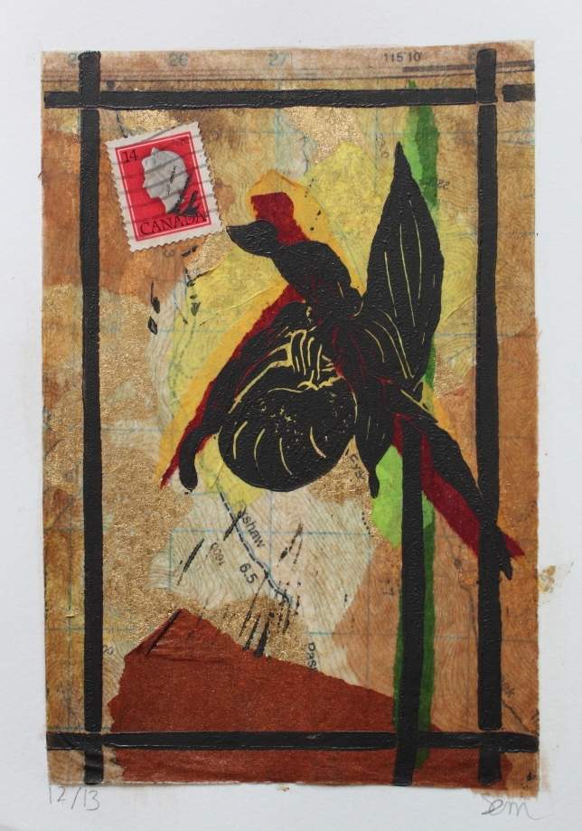 Wild Rose Linocut on tissue paper collage 5 x 7 inches 2015