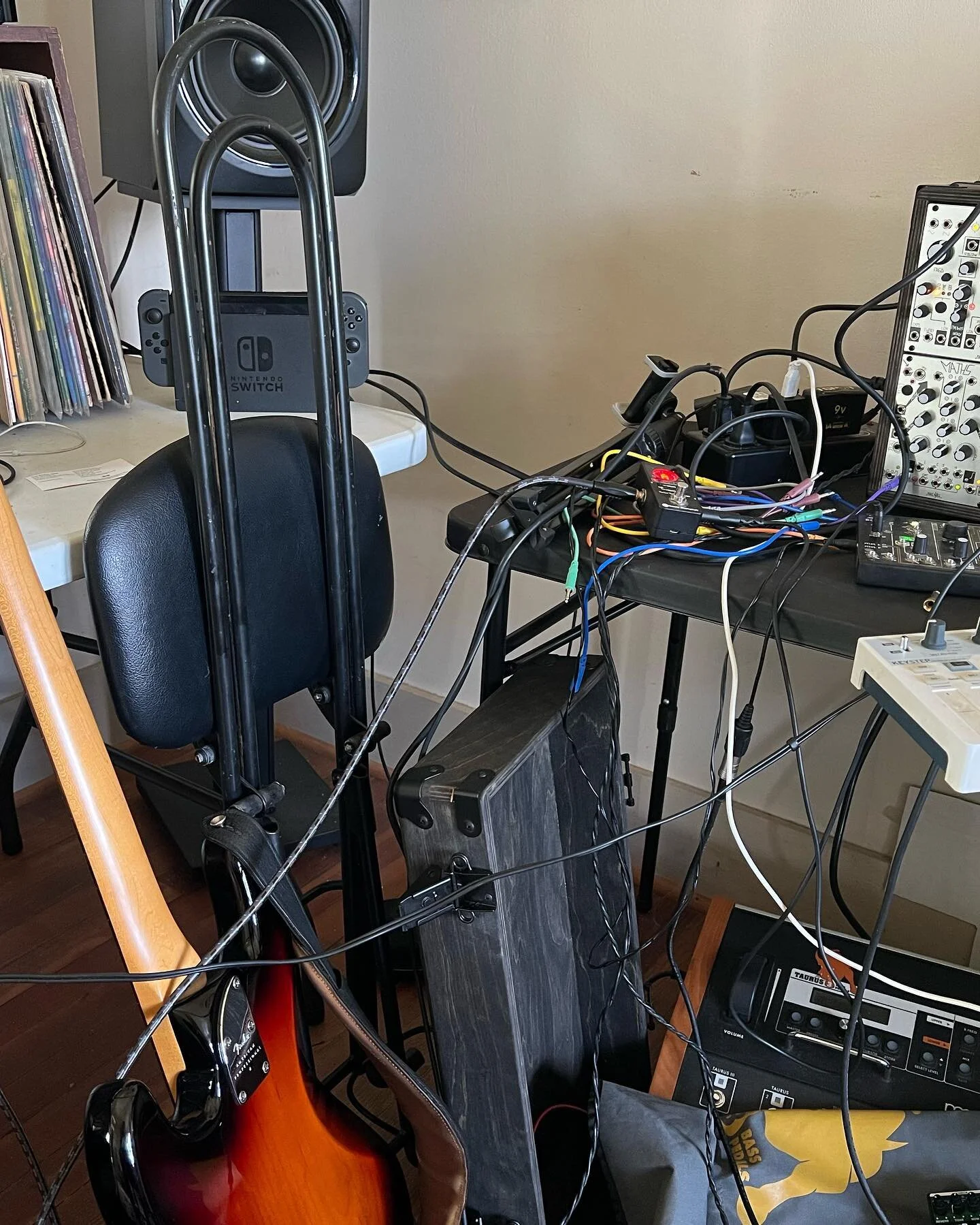 The studio gets messy sometimes.  #fender #fretless #apple #logic #boss #0coast #arturia #keystep #strega #makenoise