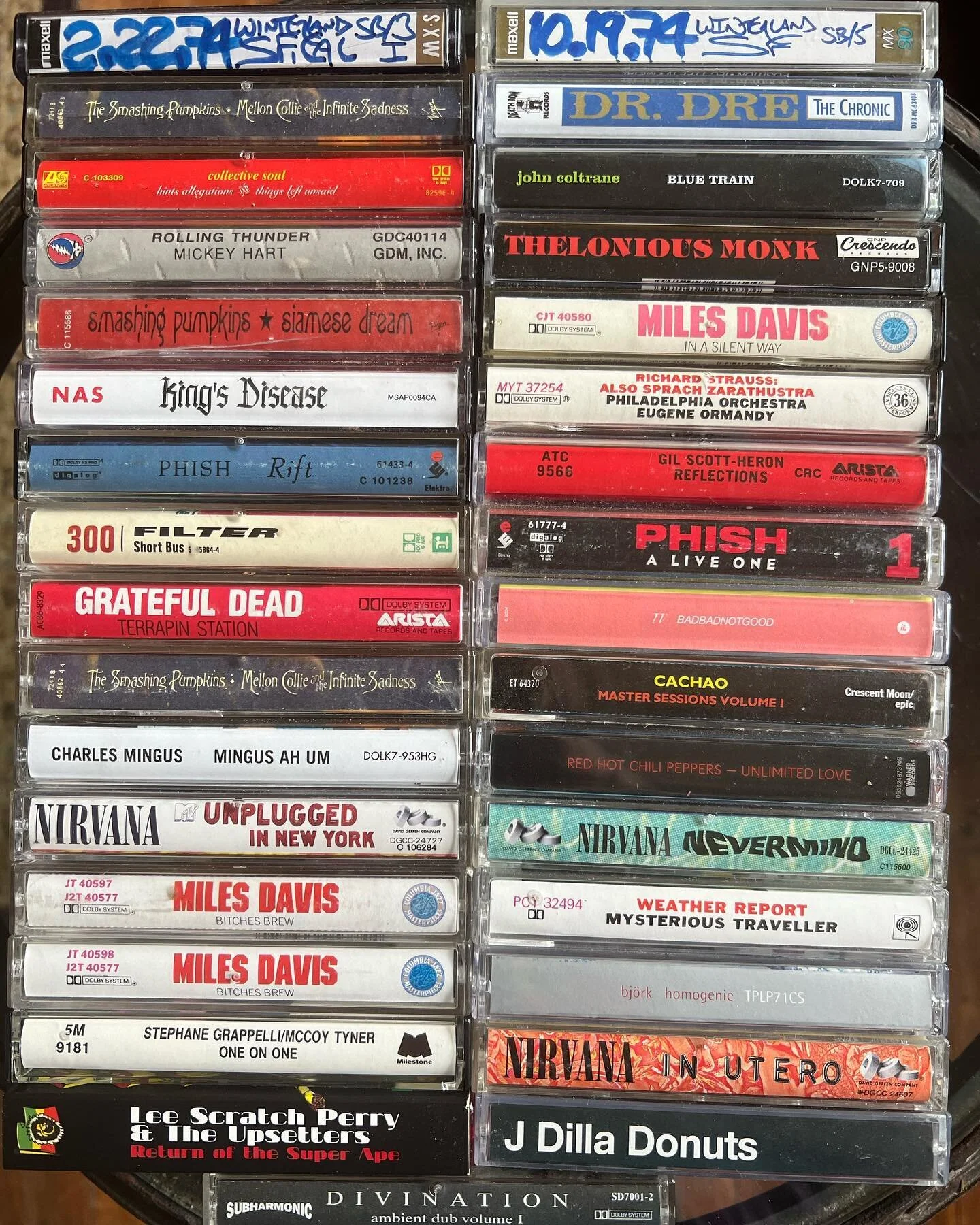 Here is a photo of my cassette tape collection I began during the shutdown. 🎶 🤓 🎶  #cassette #tapes #cassettetapes #gratefuldead #phish #drdre #johncoltrane #theloniusmonk #milesdavis #strauss #gilscottheron #badbadnotgood #cachao #rhcp #nirvana #