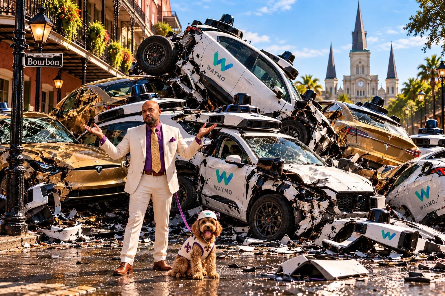 AI illustration of New Orleans attorney Oliver Hadley and his dog Bess in the French Quarter, in front of a pile of wrecked robotaxis.