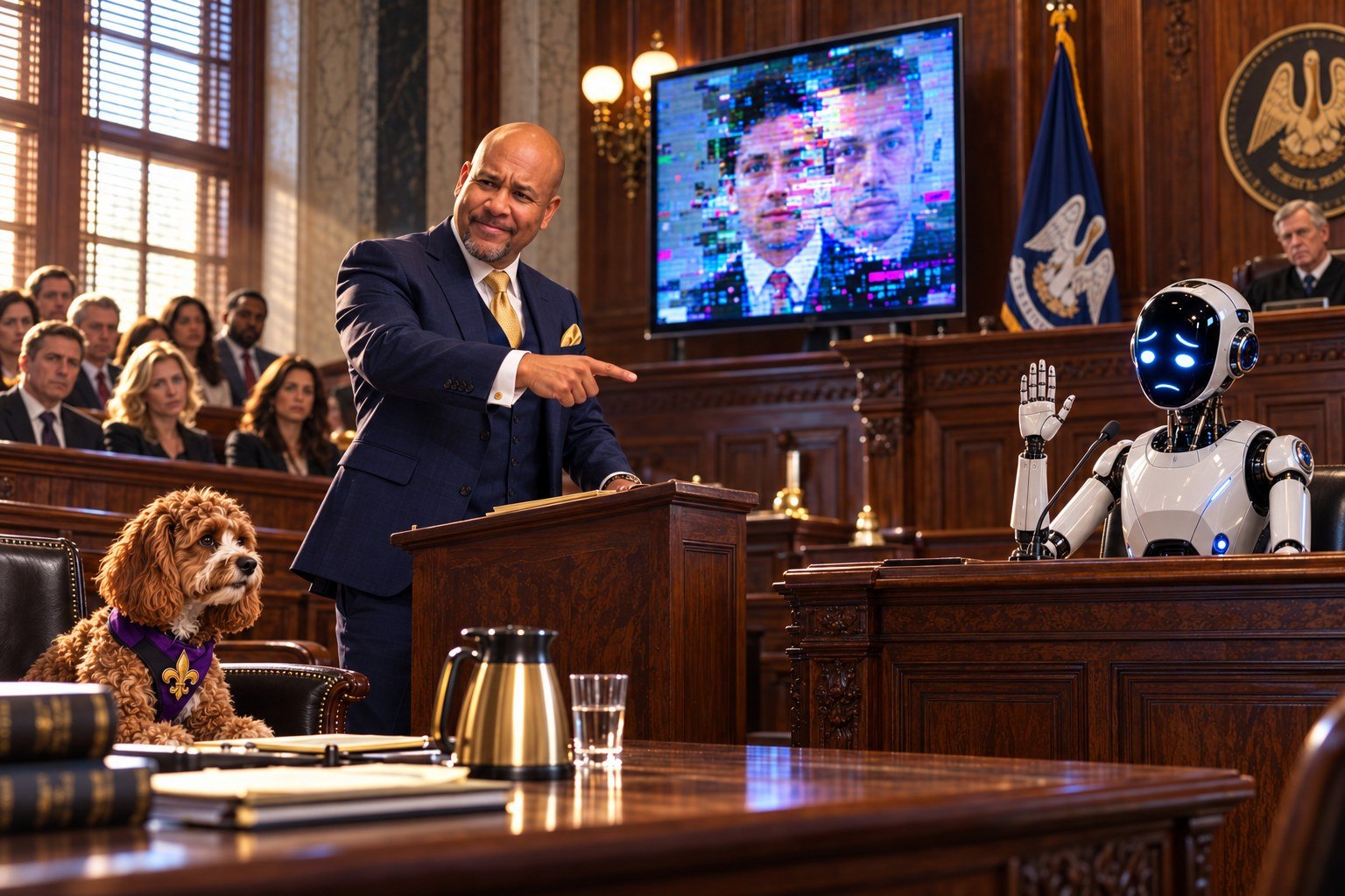 AI-generated illustration: attorney Oliver Hadley objects to a robot on the witness stand in a New Orleans-style courtroom while a deepfake video glitches on the evidence screen and his dog Bess watches from counsel table.