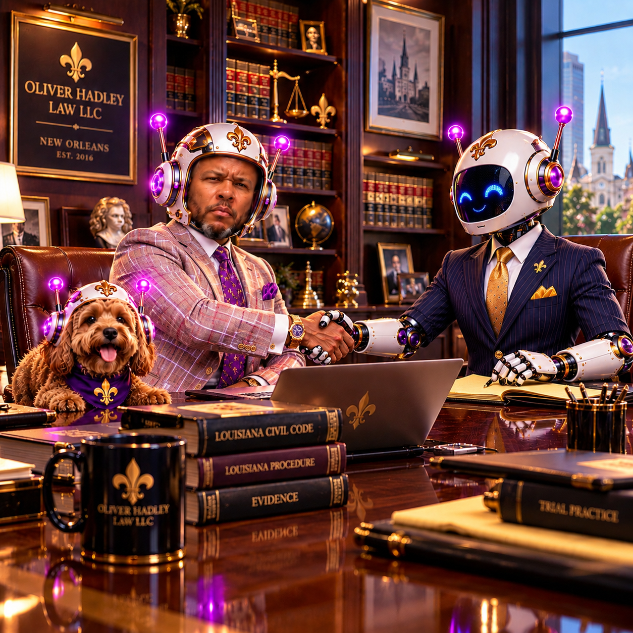 AI-generated illustration of attorney Oliver Hadley shaking hands with a robot assistant, with Bess the dog, at Oliver Hadley Law in New Orleans