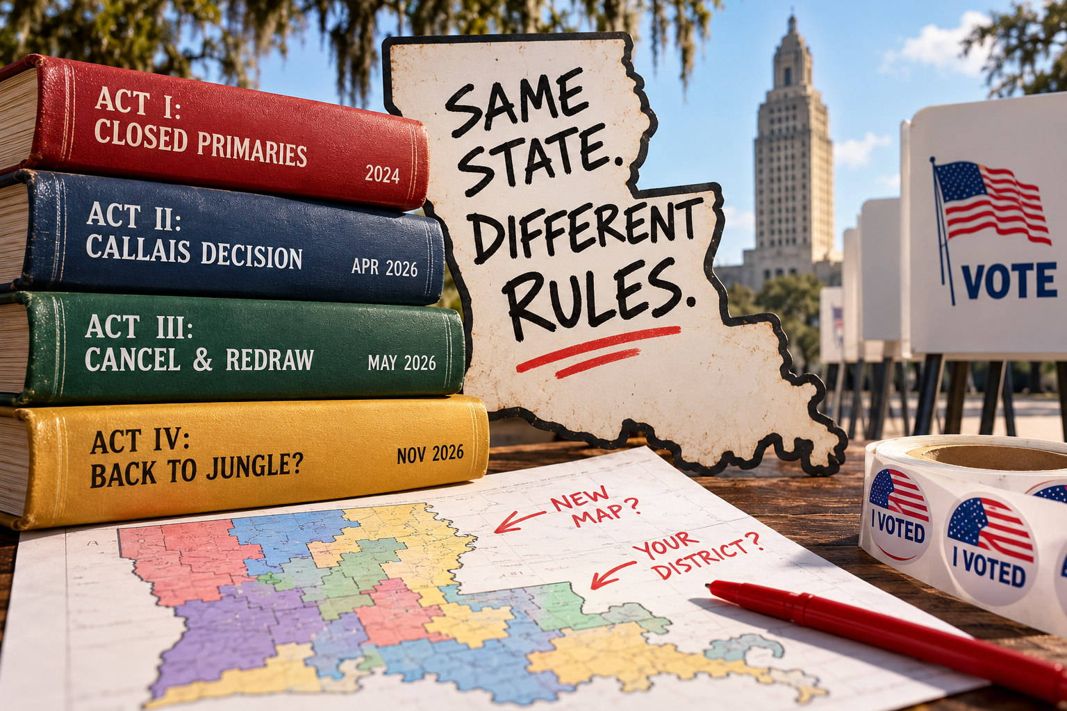 Illustration: law books labeled Act I Closed Primaries, Act II Callais Decision, Act III Cancel & Redraw, and Act IV Back to Jungle, beside a Louisiana-shaped sign reading Same State. Different Rules., a district map, and I Voted stickers.
