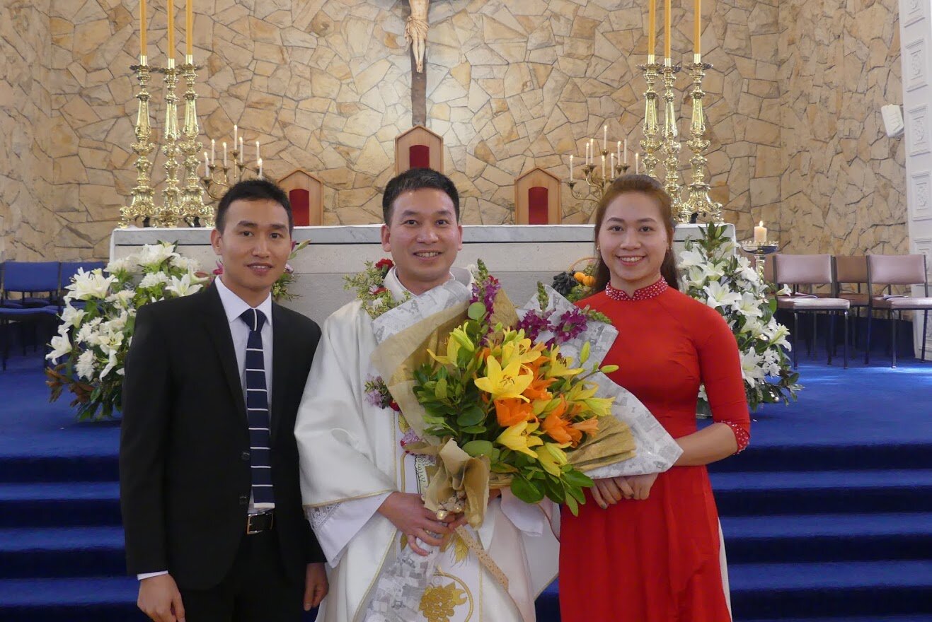 Fr. Tang with Sister and Brother at Ordination 10th October 2020