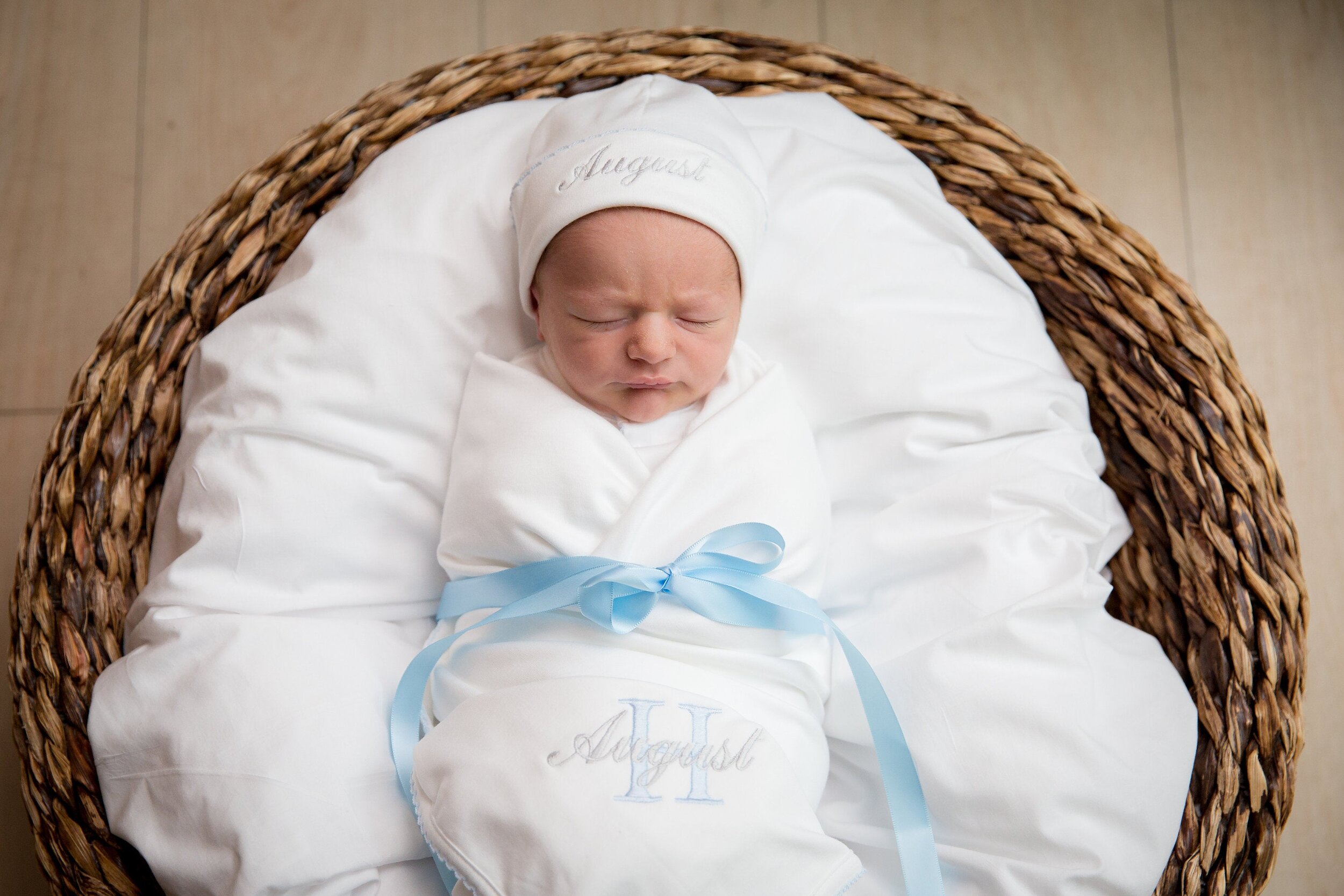 Ocean Blues Personalized Stitched Newborn Baby Knot Gown | Caden Lane