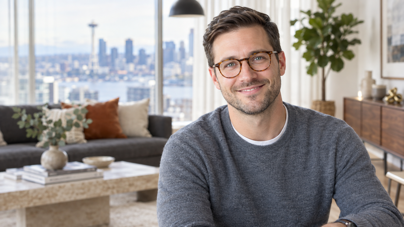 Close-up portrait of Carl D., a friendly and confident software engineer in his mid-30s, smiling warmly with a softly blurred South Lake Union Seattle condo background featuring floor-to-ceiling windows and modern neutrals.