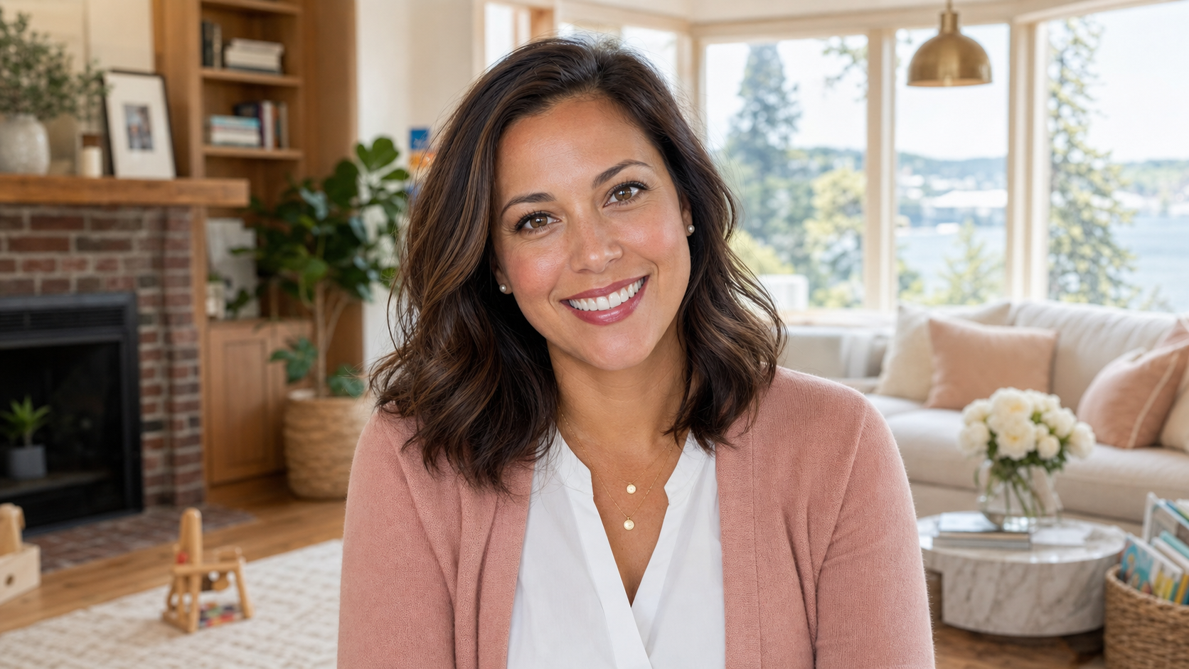 Close-up portrait of Alana P., a warm and welcoming elementary school counselor in her mid-30s, smiling brightly with a softly blurred West Seattle family home background featuring a cozy living room and Puget Sound views.