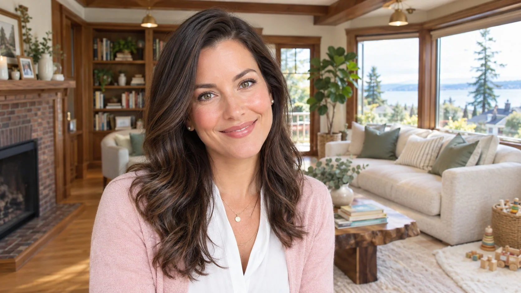 Close-up portrait of Polly J., a warm and welcoming teacher in her early 30s, smiling brightly with a softly blurred West Seattle craftsman home background featuring warm oak floors and a cozy family-friendly living room.