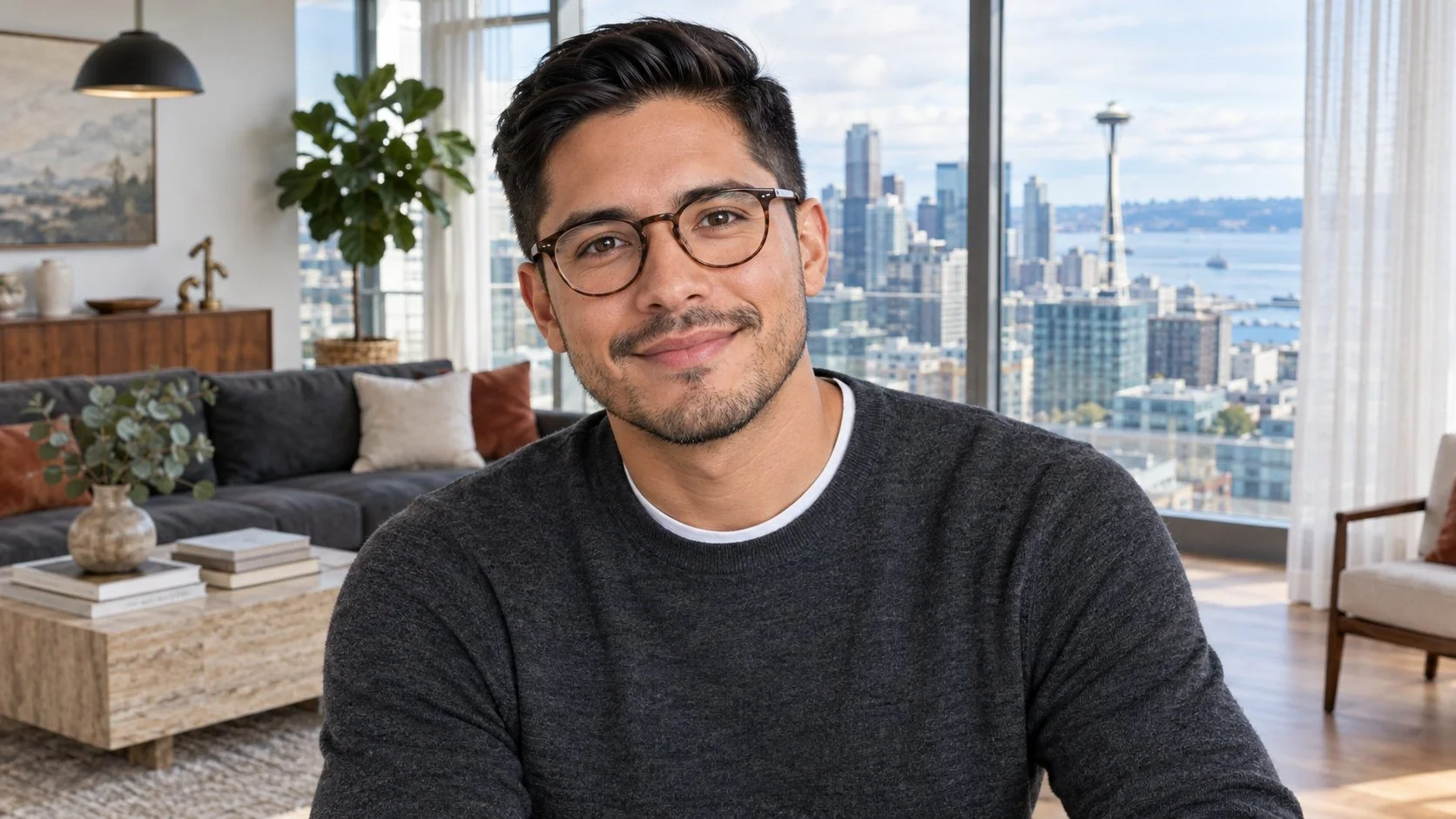 Close-up portrait of Juan D., a friendly and confident software engineer in his early 30s, smiling warmly with a softly blurred Belltown Seattle high-rise condo background featuring floor-to-ceiling windows and modern neutrals.
