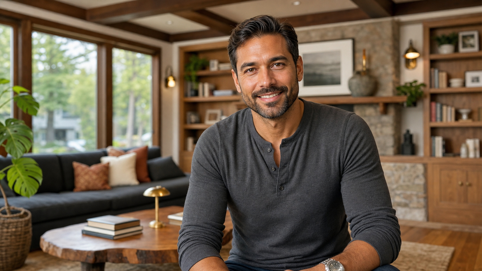 Close-up portrait of Marcus T., a warm and confident project manager in his late 30s, smiling warmly with a softly blurred Ballard Seattle craftsman home background featuring built-in bookshelves and warm oak details.