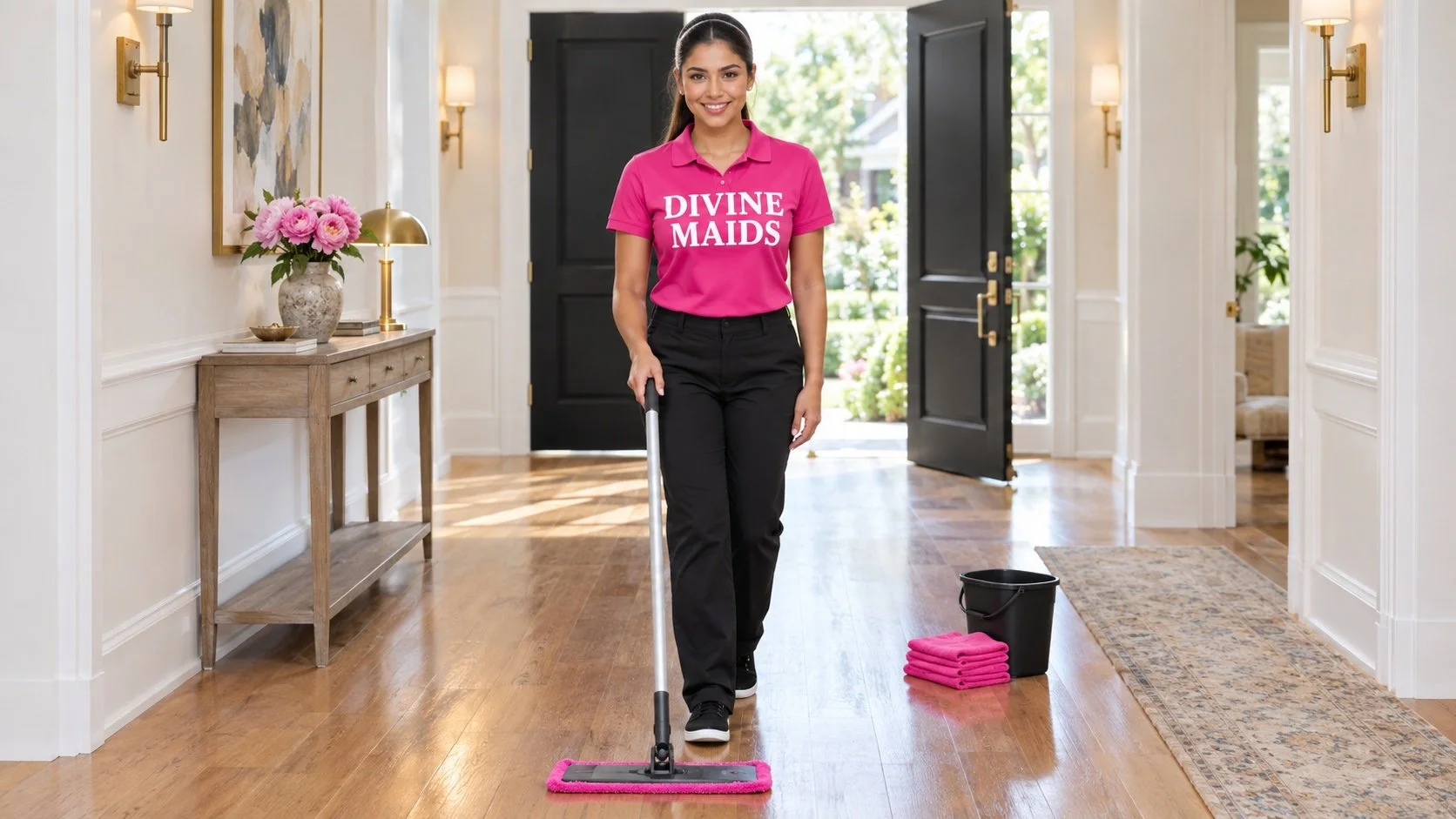Young Mexican cleaning professional with golden-bronze skin in a hot pink DIVINE MAIDS polo shirt mopping polished wide-plank oak floors with a slim microfiber flat mop in a bright residential entry hallway.