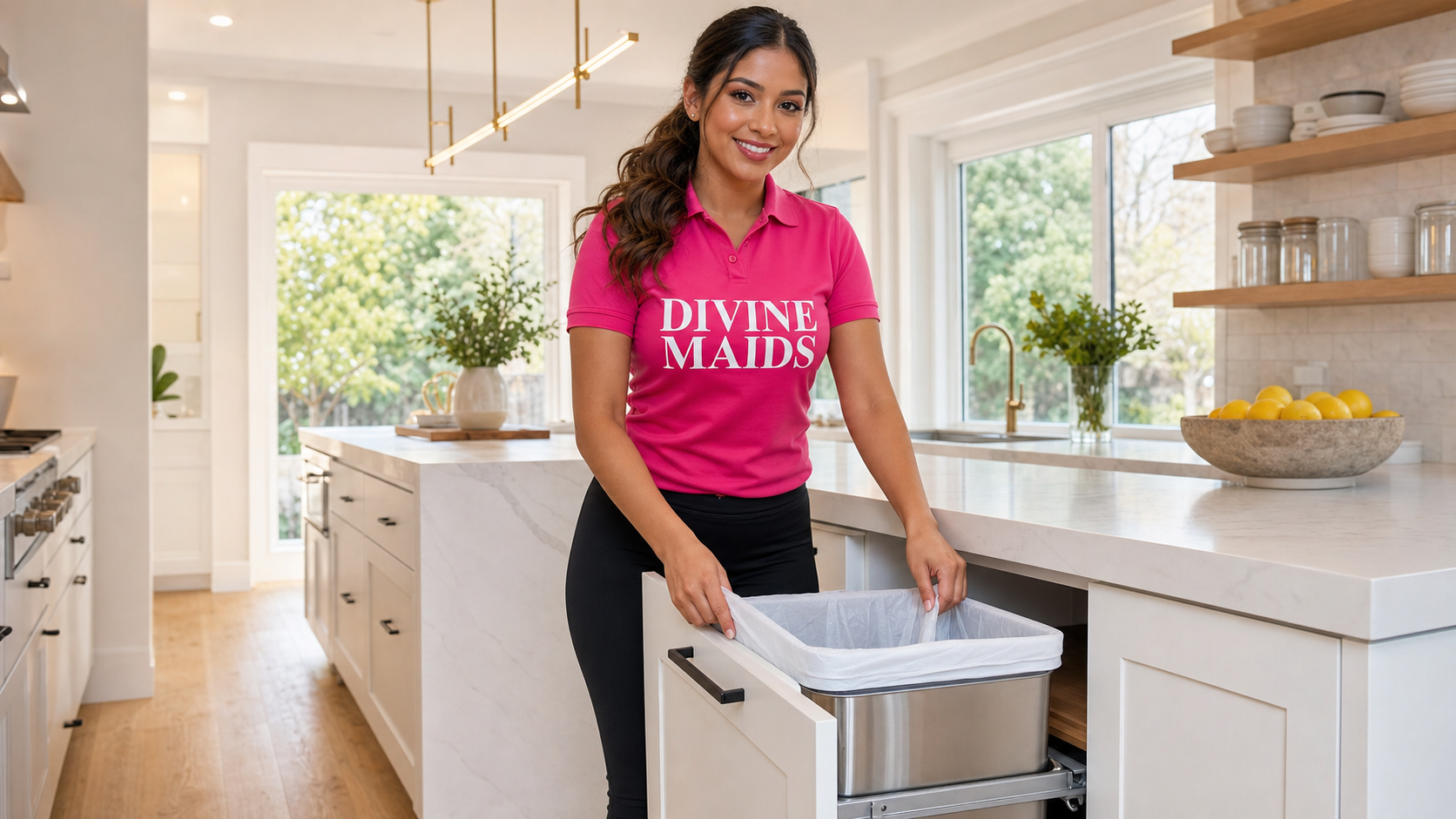 Young Colombian cleaning professional in a hot pink DIVINE MAIDS polo shirt fitting a fresh liner into a pull-out designer kitchen trash bin in a bright modern residential kitchen.
