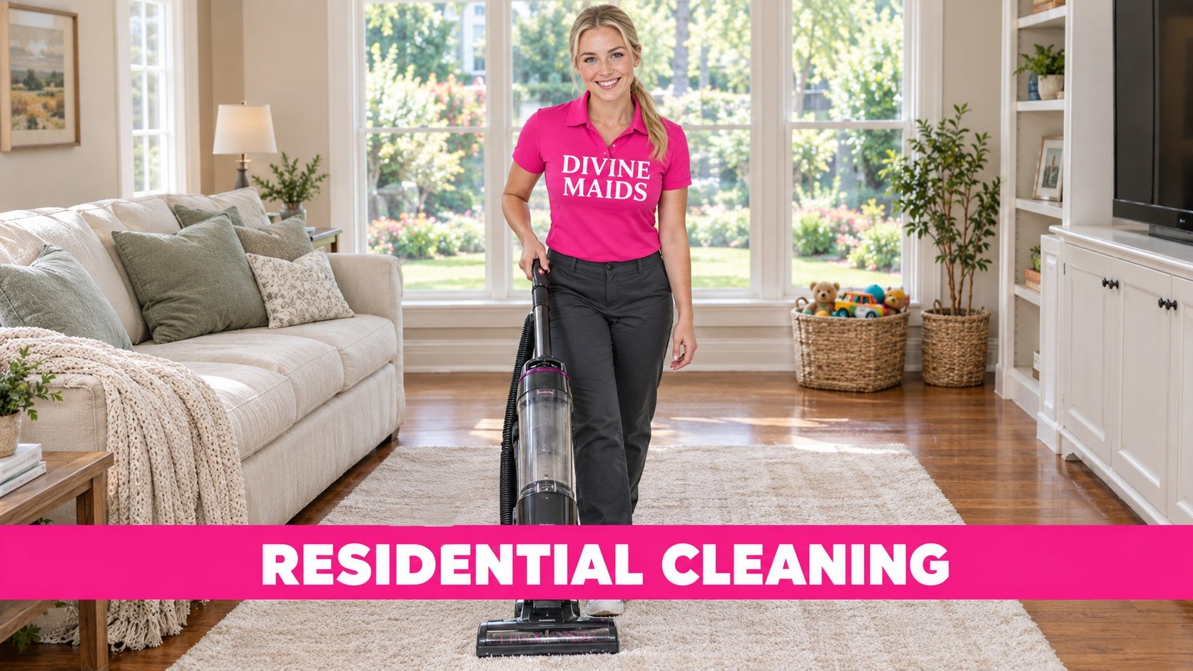 Divine Maids cleaner vacuuming a family living room rug, with a pink banner reading “RESIDENTIAL CLEANING.”