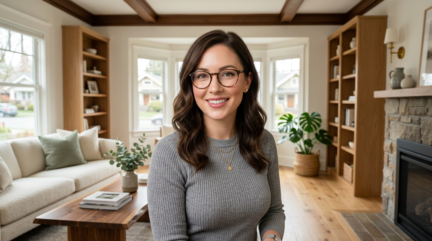 Close-up portrait of Megan R., a friendly and confident software engineer in her early 30s, smiling warmly with a softly blurred Ballard Seattle craftsman home background featuring warm oak floors and industrial windows.