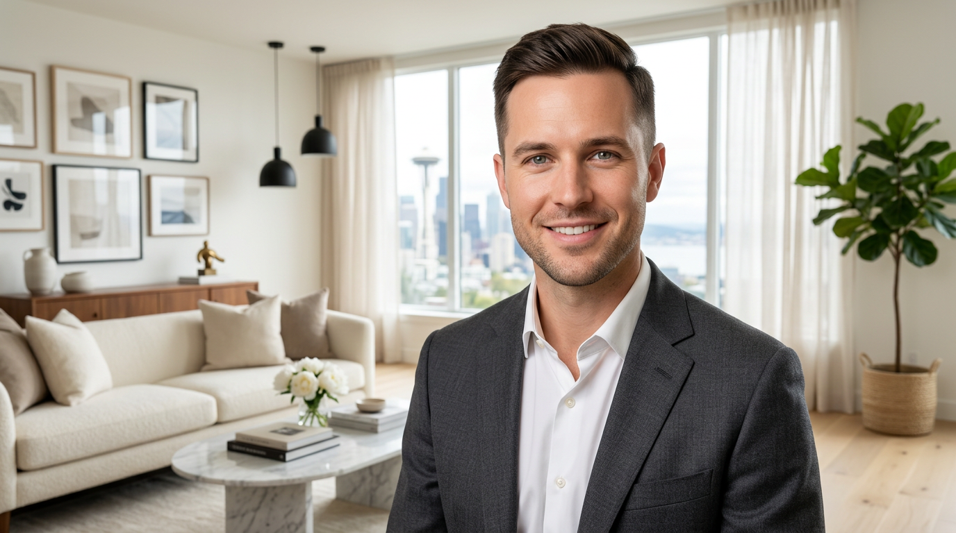 Close-up portrait of Daniel T., a polished and confident real estate agent in his mid-30s, smiling warmly with a softly blurred Queen Anne Seattle home background featuring elegant neutrals and city views.