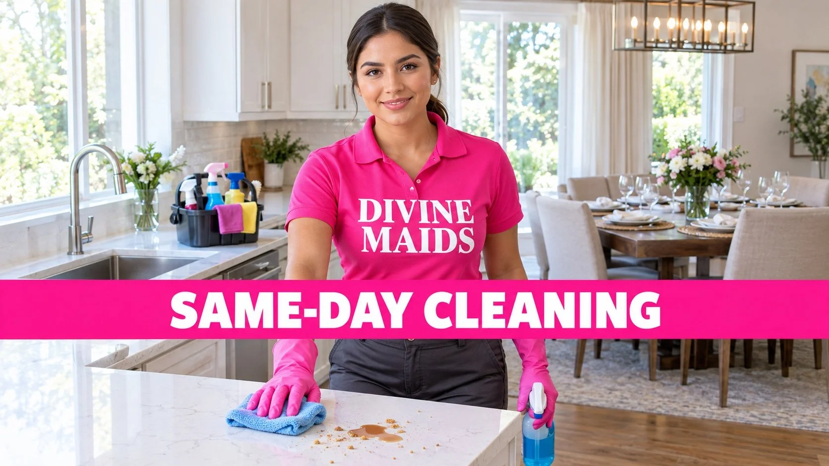 Divine Maids cleaner wiping a kitchen counter spill before visitors arrive, with a pink banner reading “SAME-DAY CLEANING.”