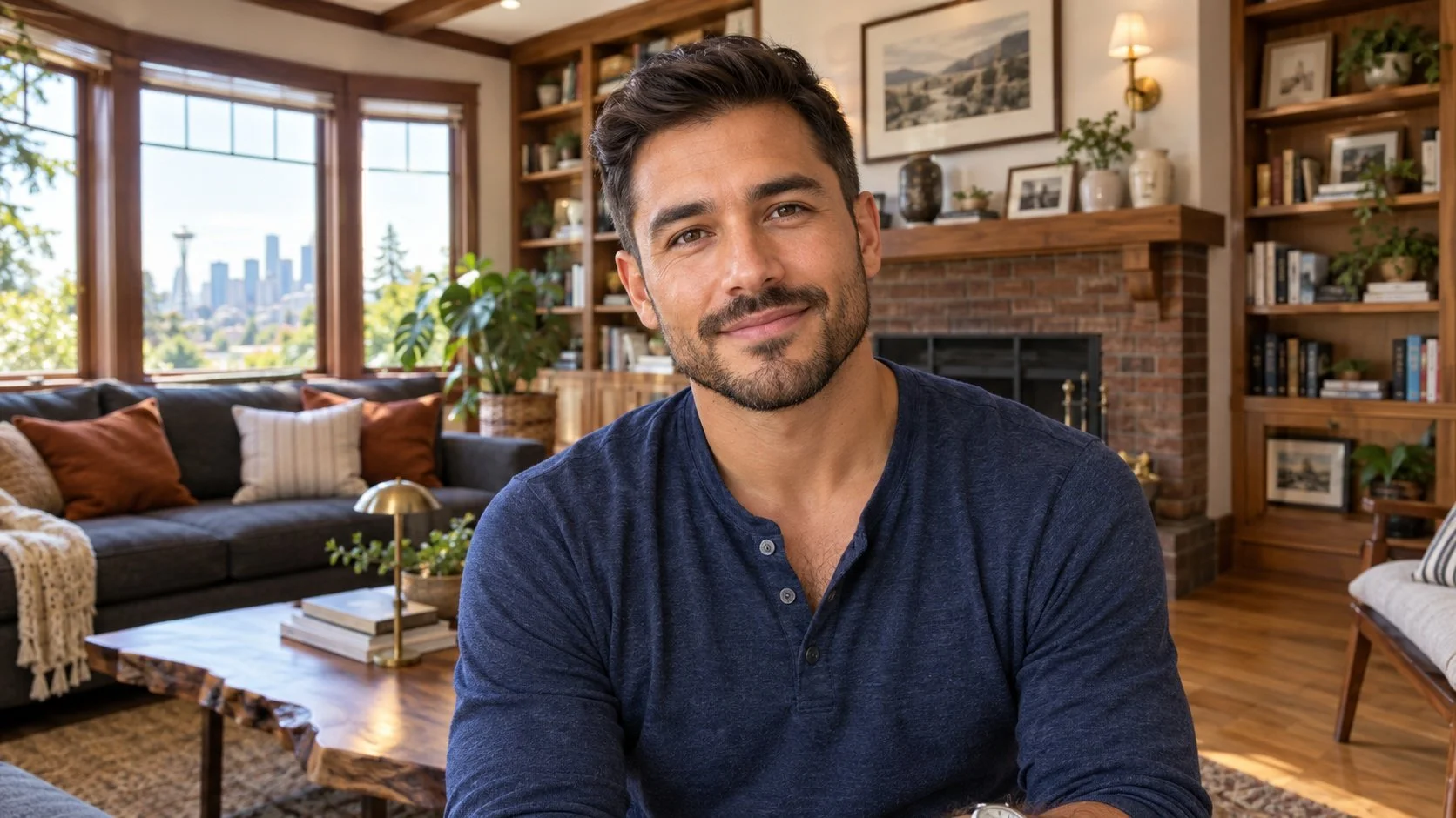 Close-up portrait of Damian K., a warm and confident registered nurse in his early 30s, smiling gently with a softly blurred Beacon Hill Seattle craftsman home background featuring warm oak floors and a cozy living room.