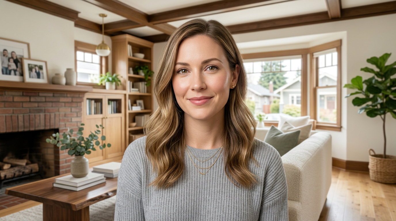 Close-up portrait of Ashley, a warm and composed registered nurse in her early 30s, smiling gently with a softly blurred Ballard Seattle craftsman home background featuring warm oak floors and a cozy living room.