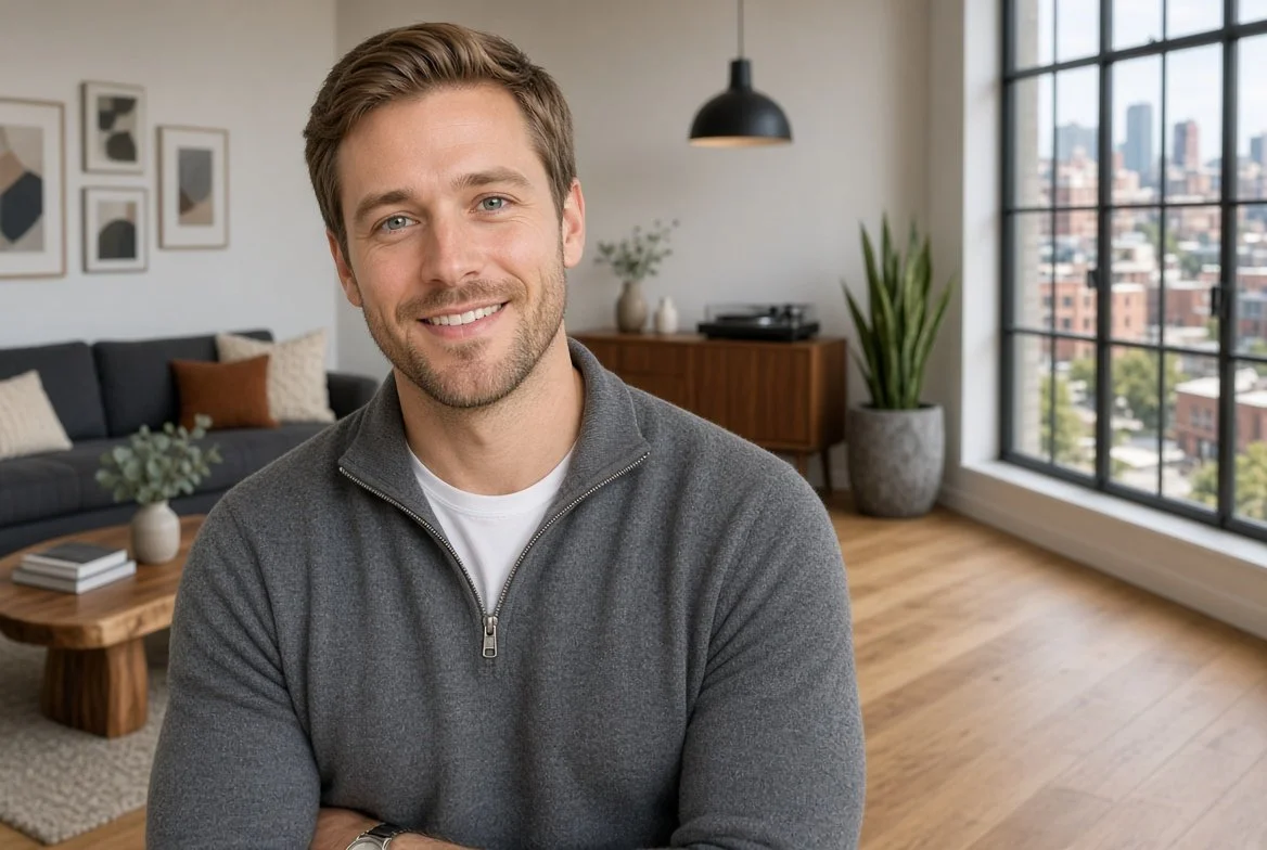 Close-up portrait of Cole L., a warm and composed registered nurse in his early 30s, smiling gently with a softly blurred Capitol Hill Seattle apartment background featuring industrial windows and modern neutrals.