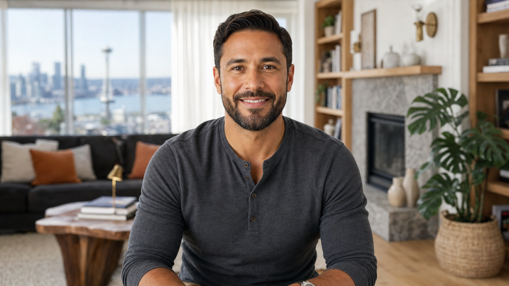 Close-up portrait of Michael Thompson, a warm and confident project manager in his late 30s, smiling warmly with a softly blurred Queen Anne Seattle home background featuring elegant neutrals and city views.