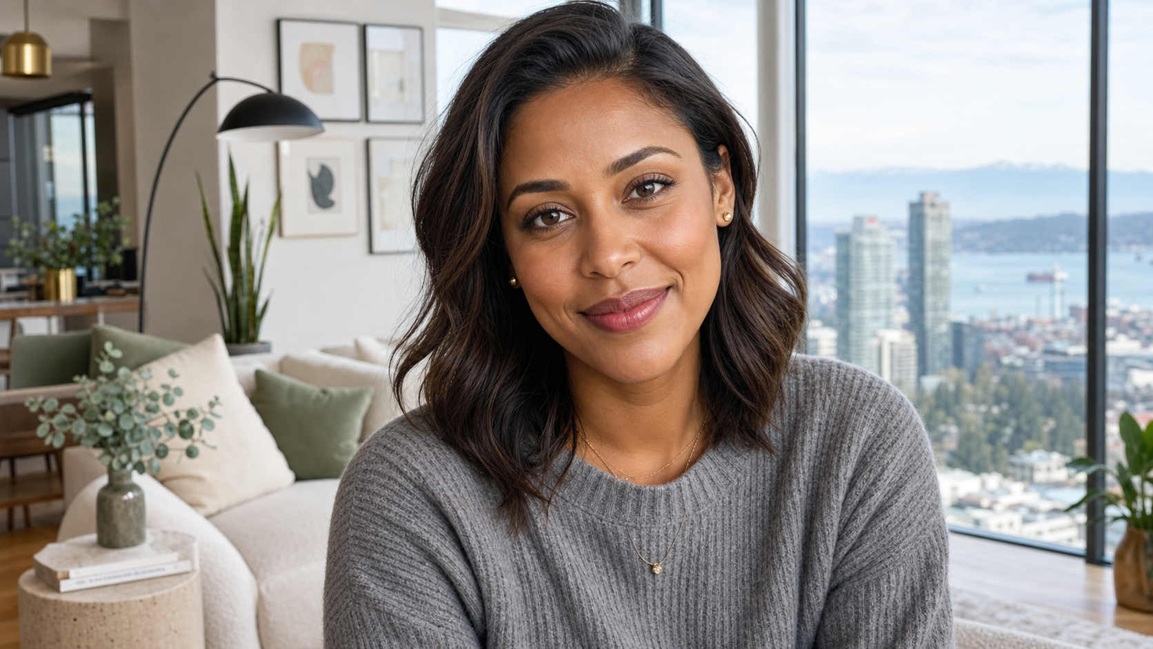 Close-up portrait of Maya R., a warm and composed registered nurse in her early 30s, smiling gently with a softly blurred Seattle First Hill high-rise condo background featuring neutral interiors and Puget Sound views.