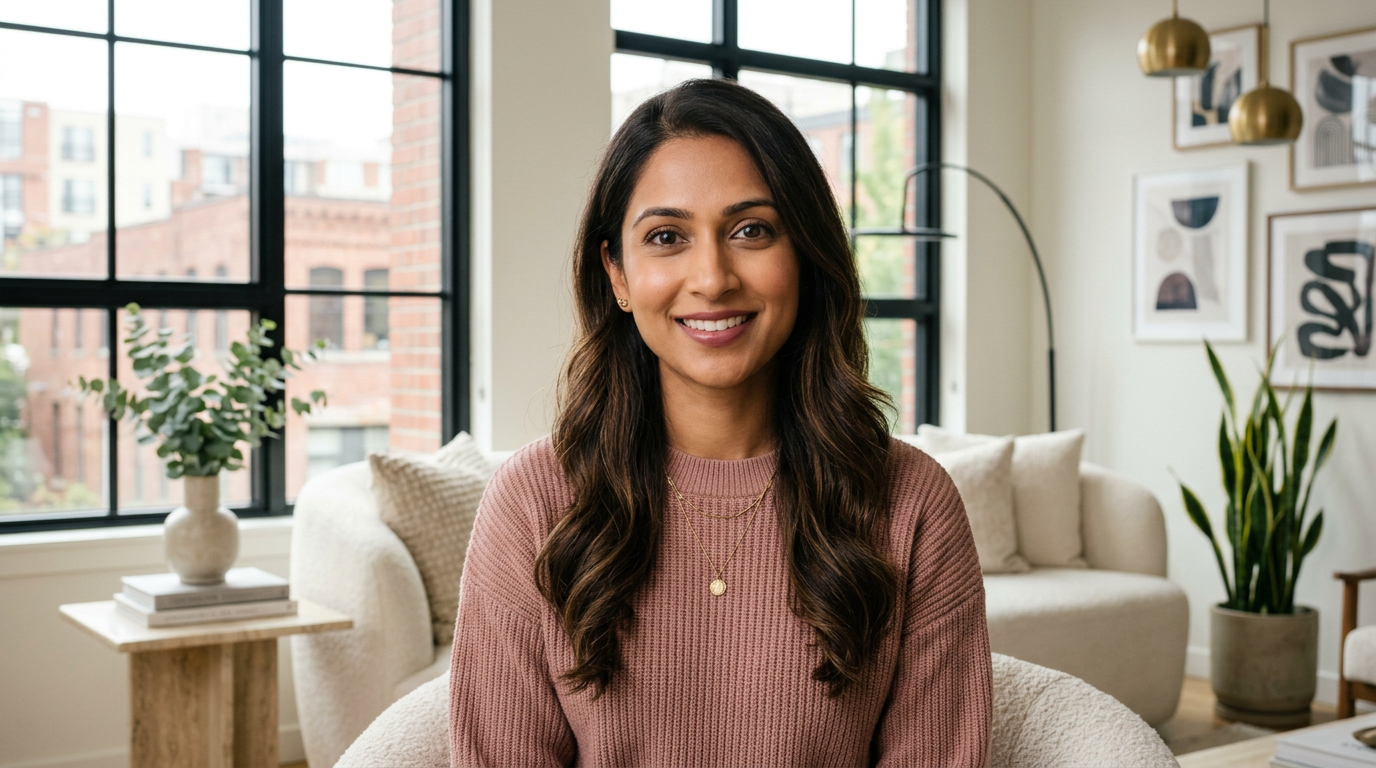 Close-up portrait of Priya S., a warm and composed registered nurse in her early 30s, smiling gently with a softly blurred Capitol Hill Seattle condo background featuring modern neutrals and industrial windows.