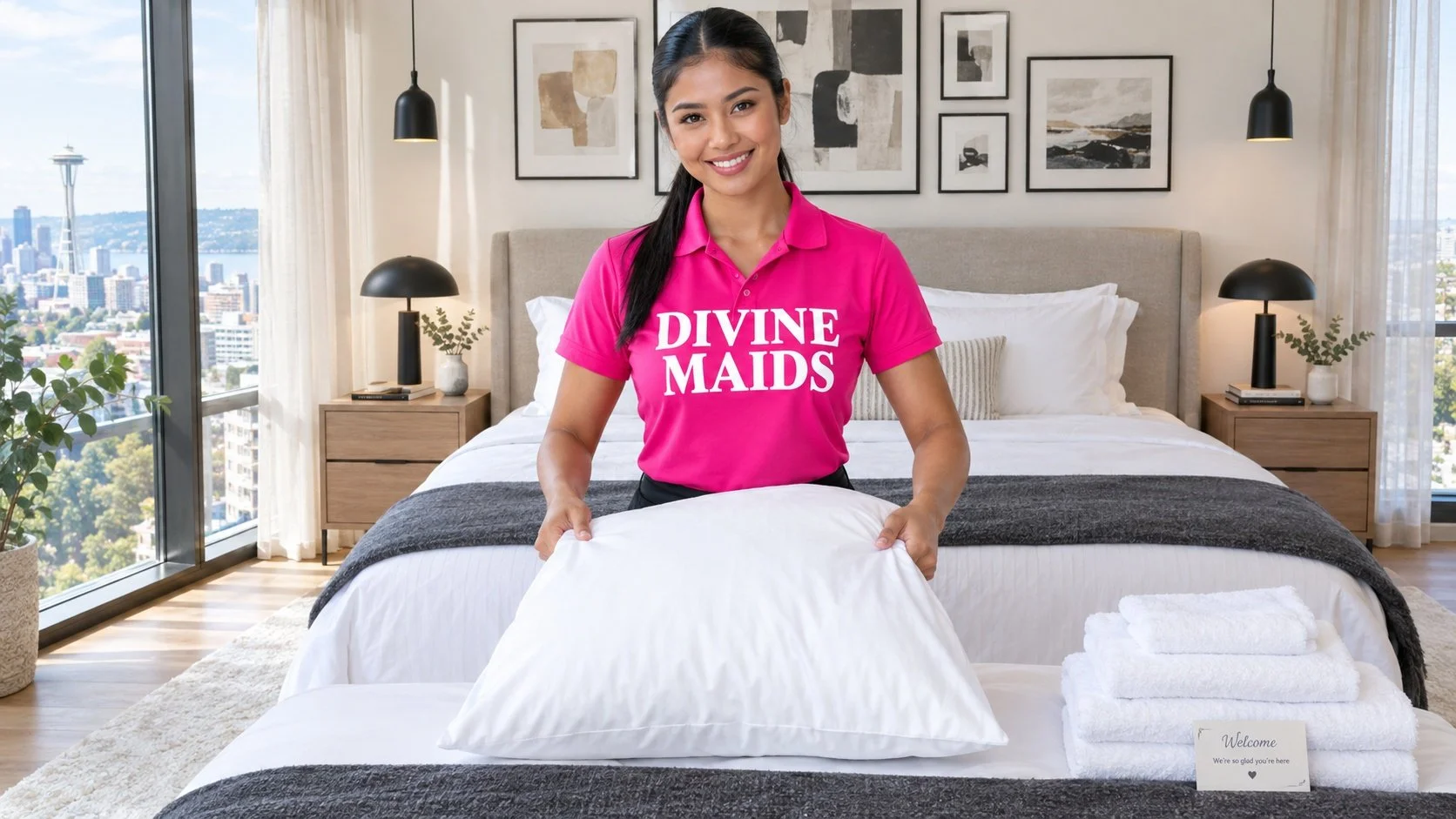 Young Filipino cleaning professional with warm tan skin in a hot pink DIVINE MAIDS polo shirt fluffing and styling crisp fresh white linens on a hotel-style master bed in a bright Airbnb bedroom prepped for the next guest.