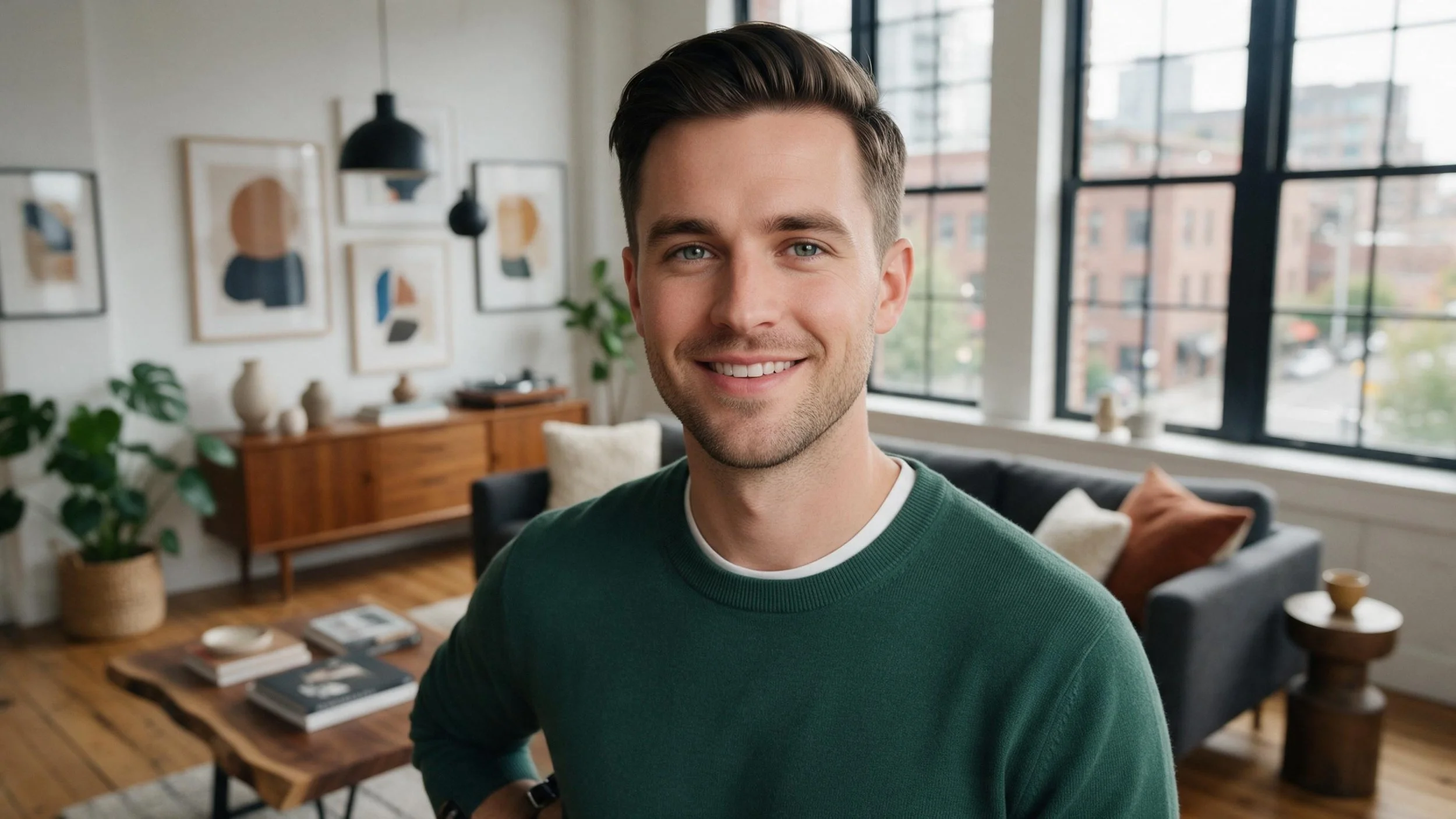 Close-up portrait of Brandon, a friendly and confident marketing coordinator in his late 20s, smiling warmly with a softly blurred Capitol Hill Seattle apartment background featuring industrial windows and modern neutrals.