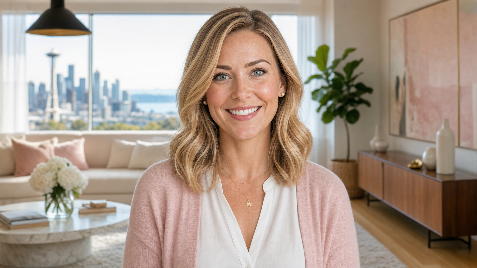 Close-up portrait of Lauren, a warm and welcoming teacher in her early 30s, smiling brightly with a softly blurred Queen Anne Seattle townhouse background featuring elegant neutrals and city views.