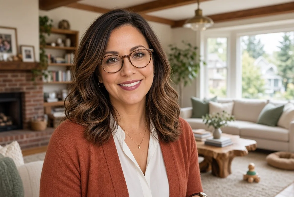 Close-up portrait of Meia C., a warm and welcoming university instructor in her mid-30s, smiling brightly with a softly blurred Wallingford Seattle craftsman family home background featuring warm oak floors and cozy family-friendly styling.