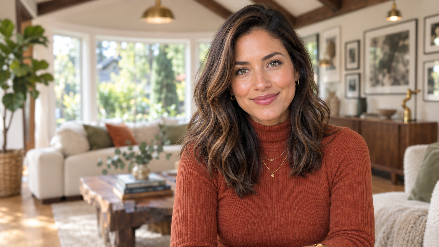 Close-up portrait of Raya R., a stylish and confident freelance photographer in her early 30s, smiling warmly with a softly blurred Ballard Seattle backyard cottage background featuring warm oak floors and curated editorial styling.