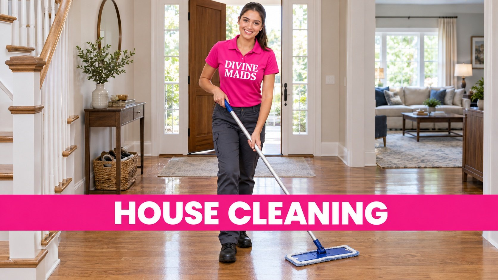 Divine Maids cleaner mopping a family home's entry floor, with a pink banner reading “HOUSE CLEANING.”