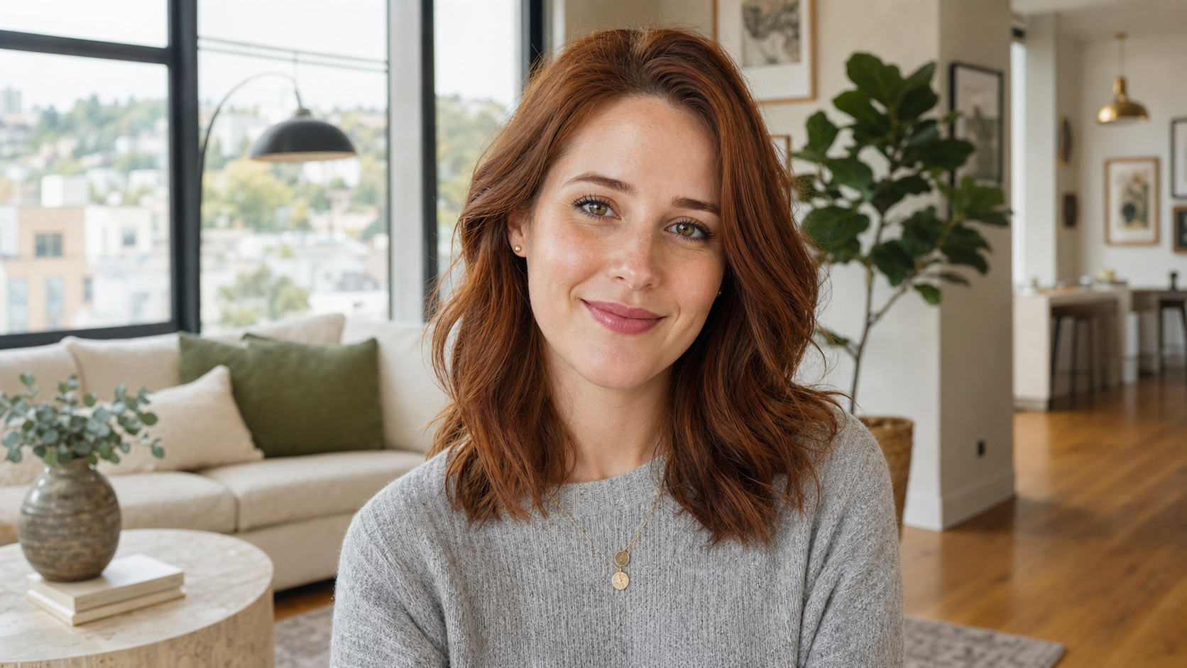 Close-up portrait of Erin L., a warm and composed registered nurse in her early 30s, smiling gently with a softly blurred Fremont Seattle apartment background featuring warm neutrals and industrial windows.