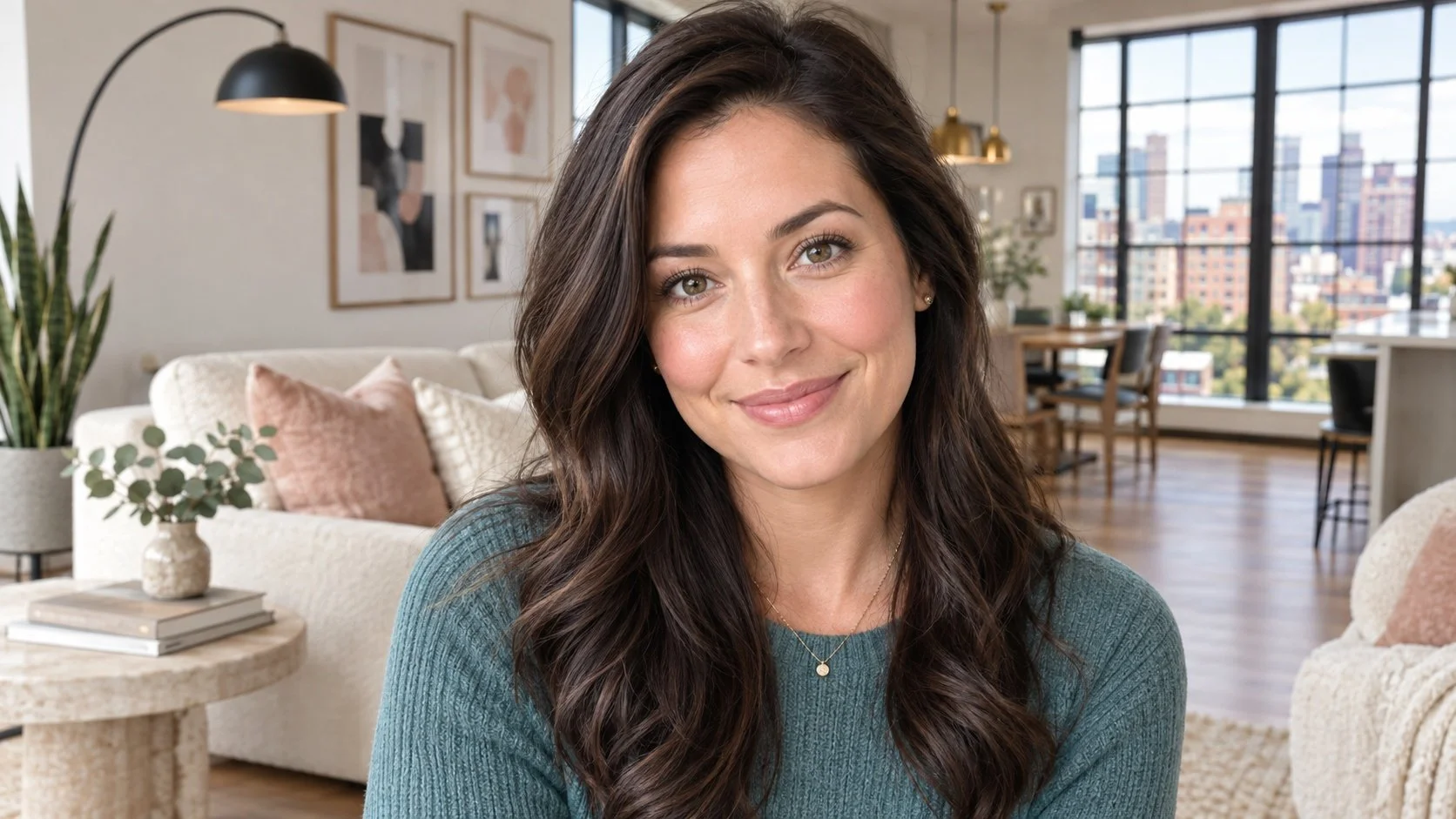 Close-up portrait of Dianne N., a warm and composed registered nurse in her early 30s, smiling gently with a softly blurred First Hill Seattle studio apartment background featuring industrial windows and modern neutrals.