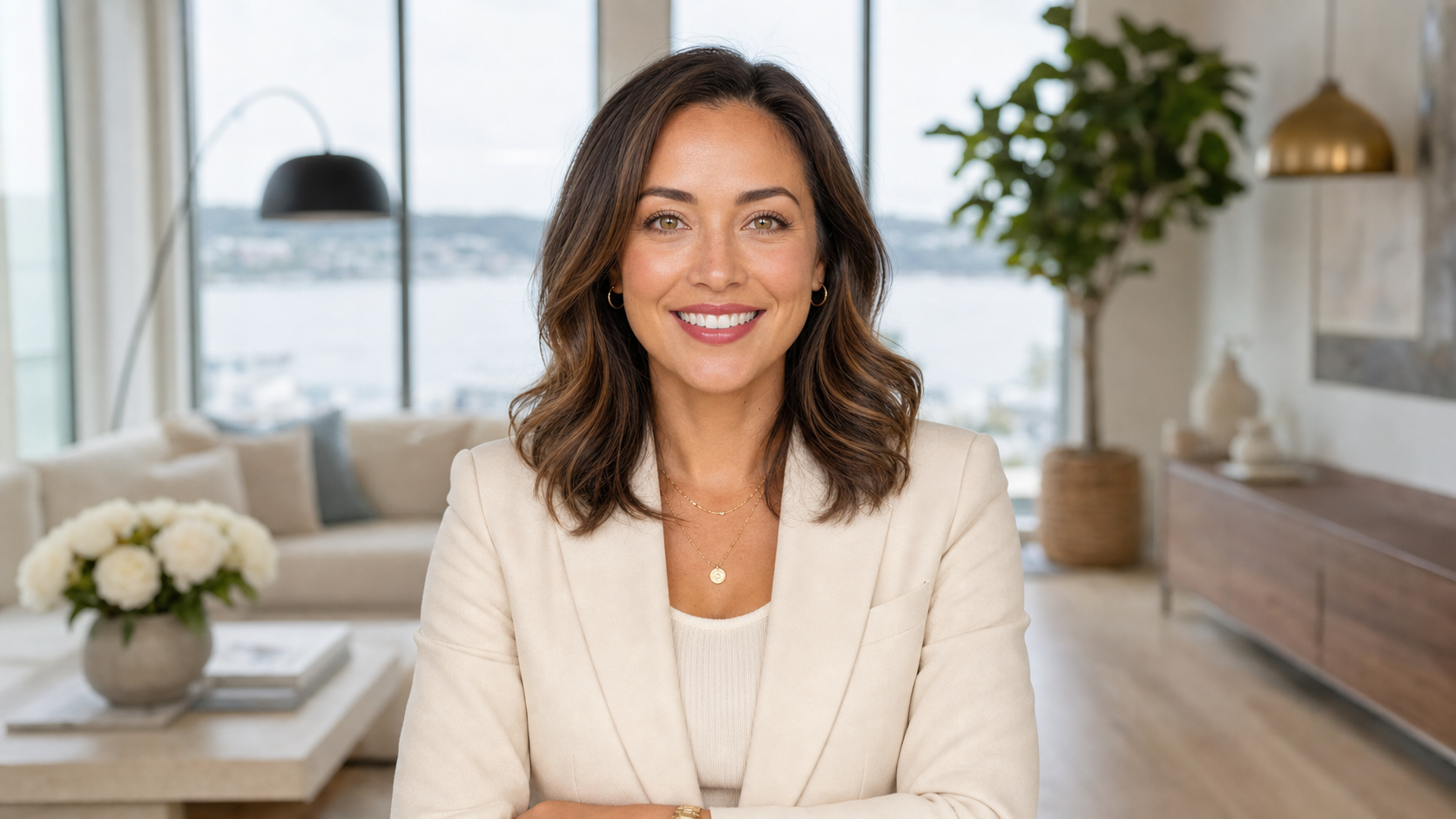 Close-up portrait of Sarah Johnson, a polished and confident real estate agent in her mid-30s, smiling brightly with a softly blurred Magnolia Seattle home background featuring elegant neutrals and glimpses of Puget Sound.