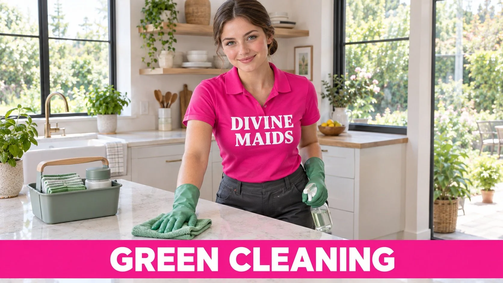 Divine Maids cleaner wiping a kitchen island with a reusable cloth beside refillable supplies, with a pink banner reading “GREEN CLEANING.”