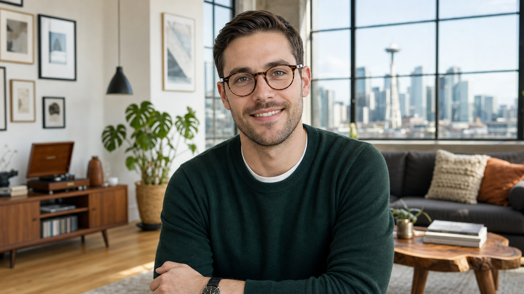 Close-up portrait of Ethan L., a friendly and confident software engineer in his early 30s, smiling warmly with a softly blurred Seattle South Lake Union loft apartment background featuring industrial windows and modern neutrals.