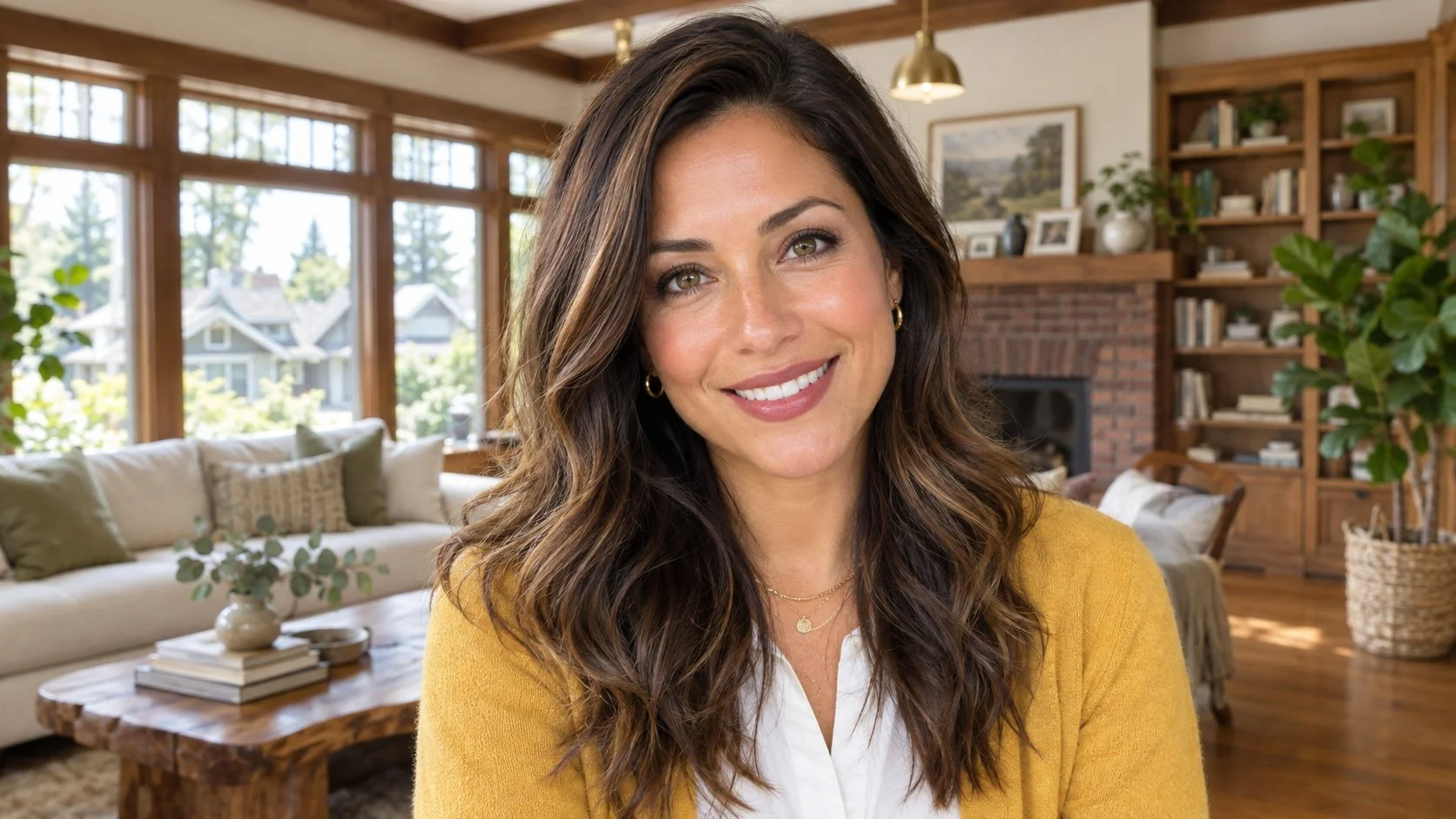 Close-up portrait of Elena R., a warm and welcoming high school teacher in her mid-30s, smiling brightly with a softly blurred Ballard Seattle craftsman home background featuring warm oak floors and a cozy living room.