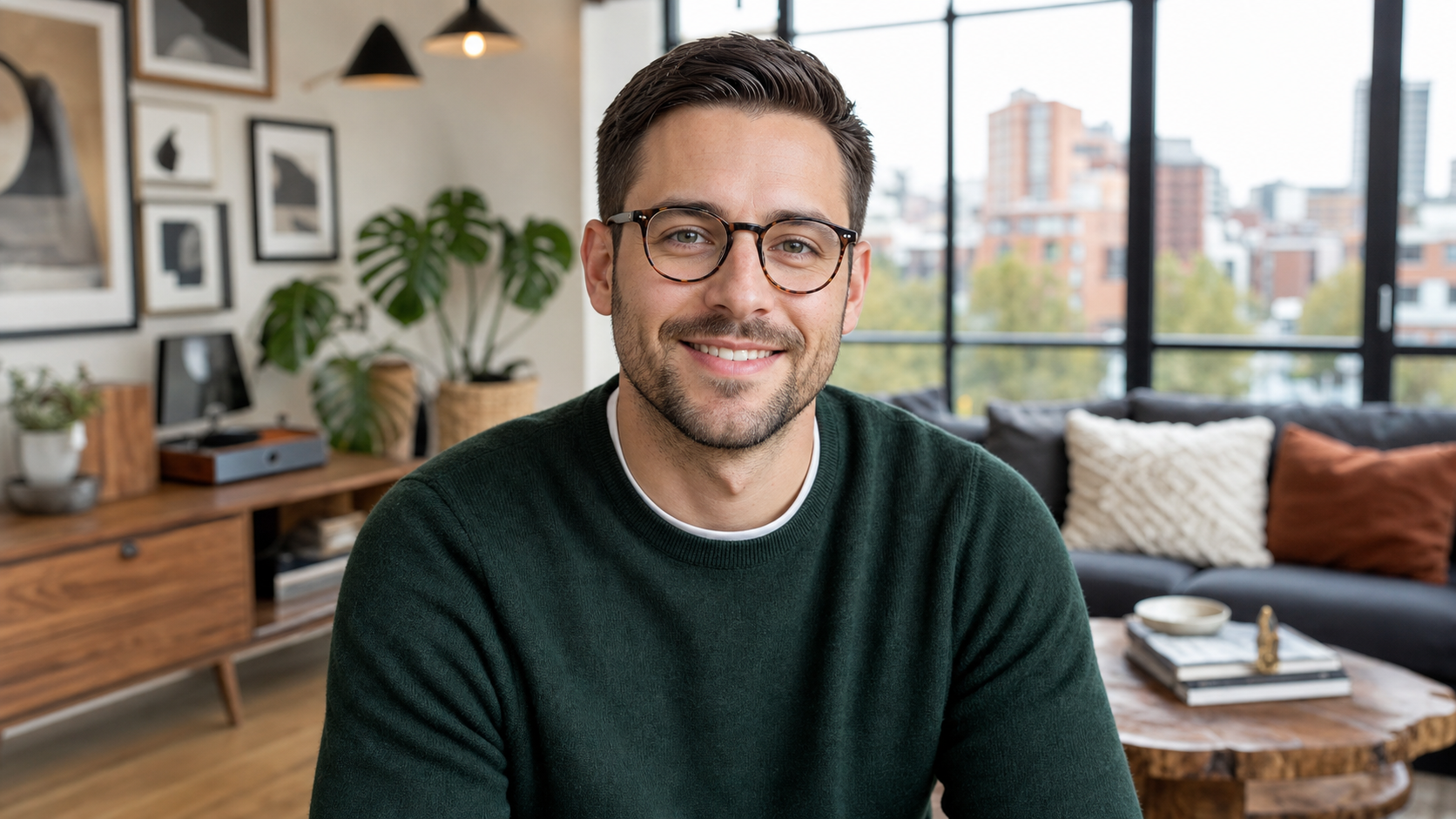Close-up portrait of Ethan L., a friendly and confident software engineer in his early 30s, smiling warmly with a softly blurred Capitol Hill Seattle condo background featuring industrial windows and modern neutrals.