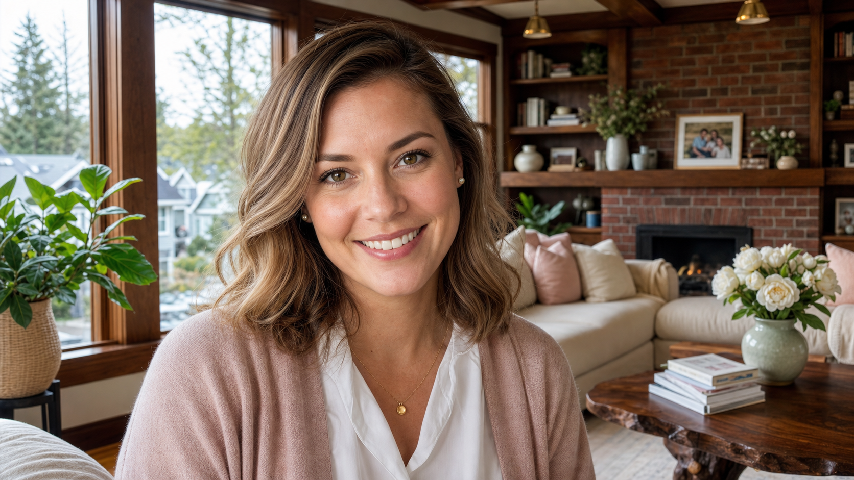 Close-up portrait of Danielle P., a warm and welcoming elementary school teacher in her early 30s, smiling brightly with a softly blurred Seattle Ballard craftsman bungalow background featuring warm oak floors and a cozy living room.
