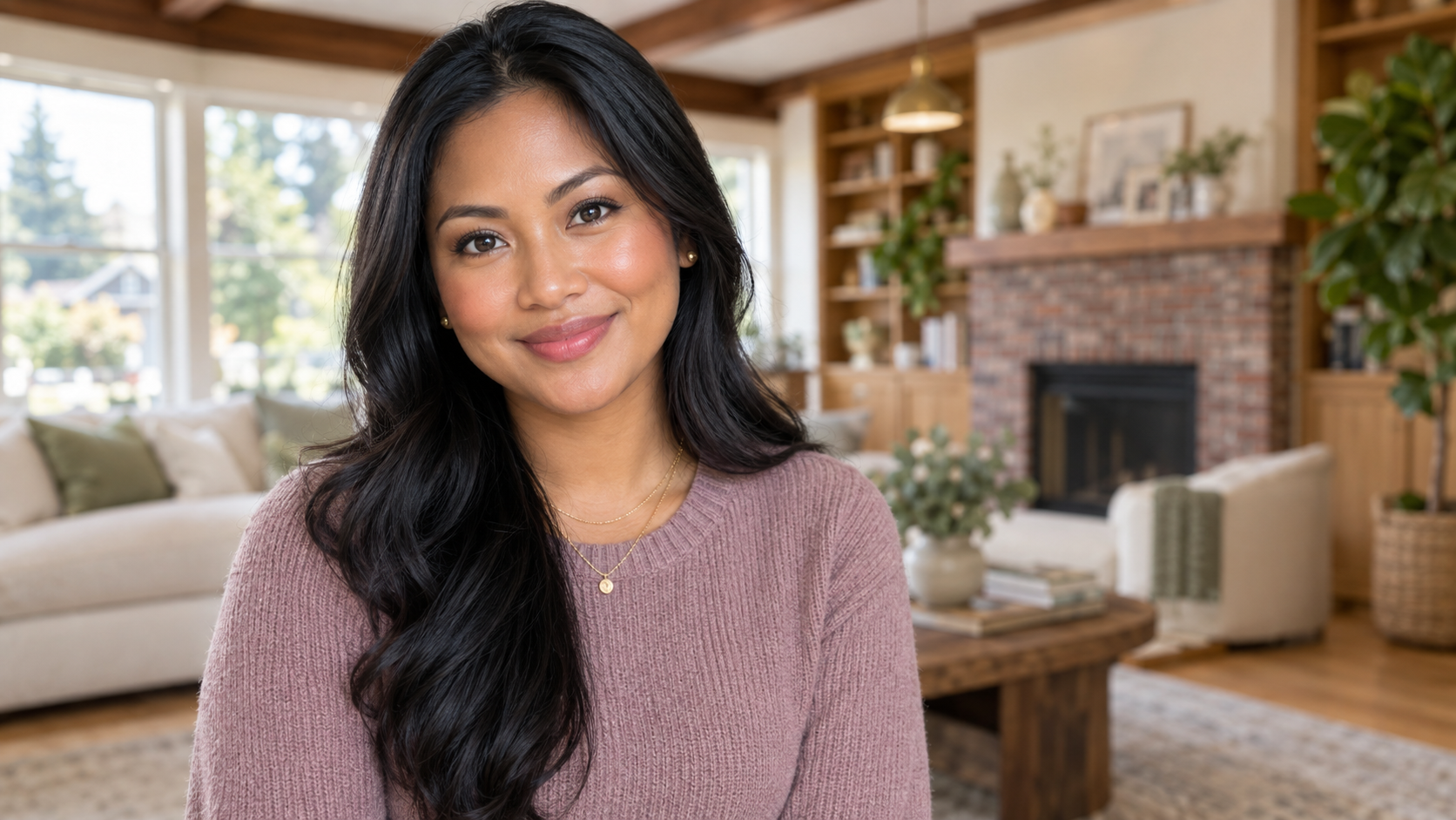 Close-up portrait of Micaella S., a warm and composed registered nurse in her early 30s, smiling gently with a softly blurred Columbia City Seattle craftsman duplex background featuring warm oak floors and a cozy living room.