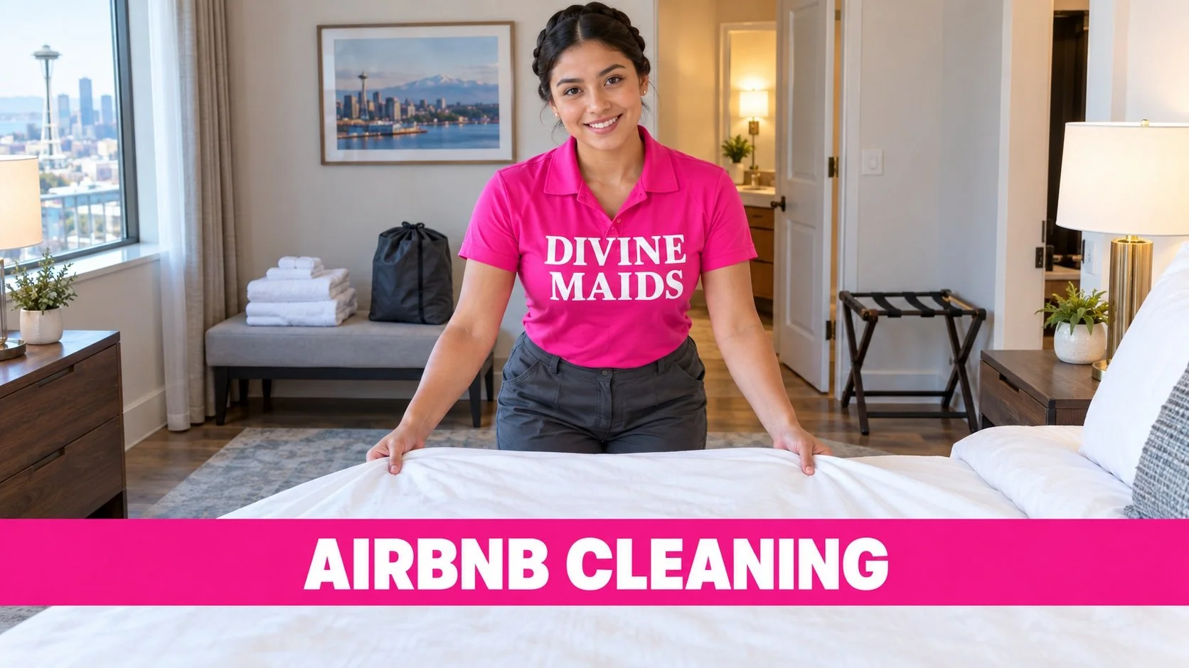 Divine Maids cleaner fitting fresh white bedding during a guest turnover, with a pink banner reading “AIRBNB CLEANING.”