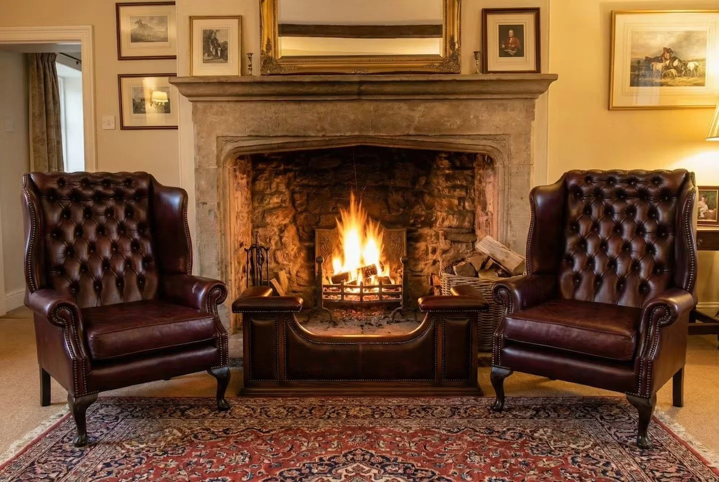 Leather wing backed Chesterfield armchairs