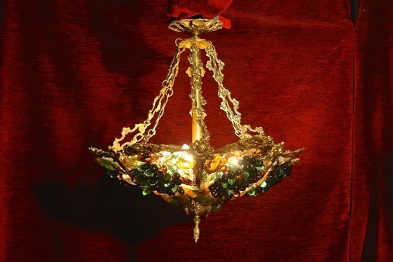BRASS AND COLOURED GLASS GRAPE CHANDELIER