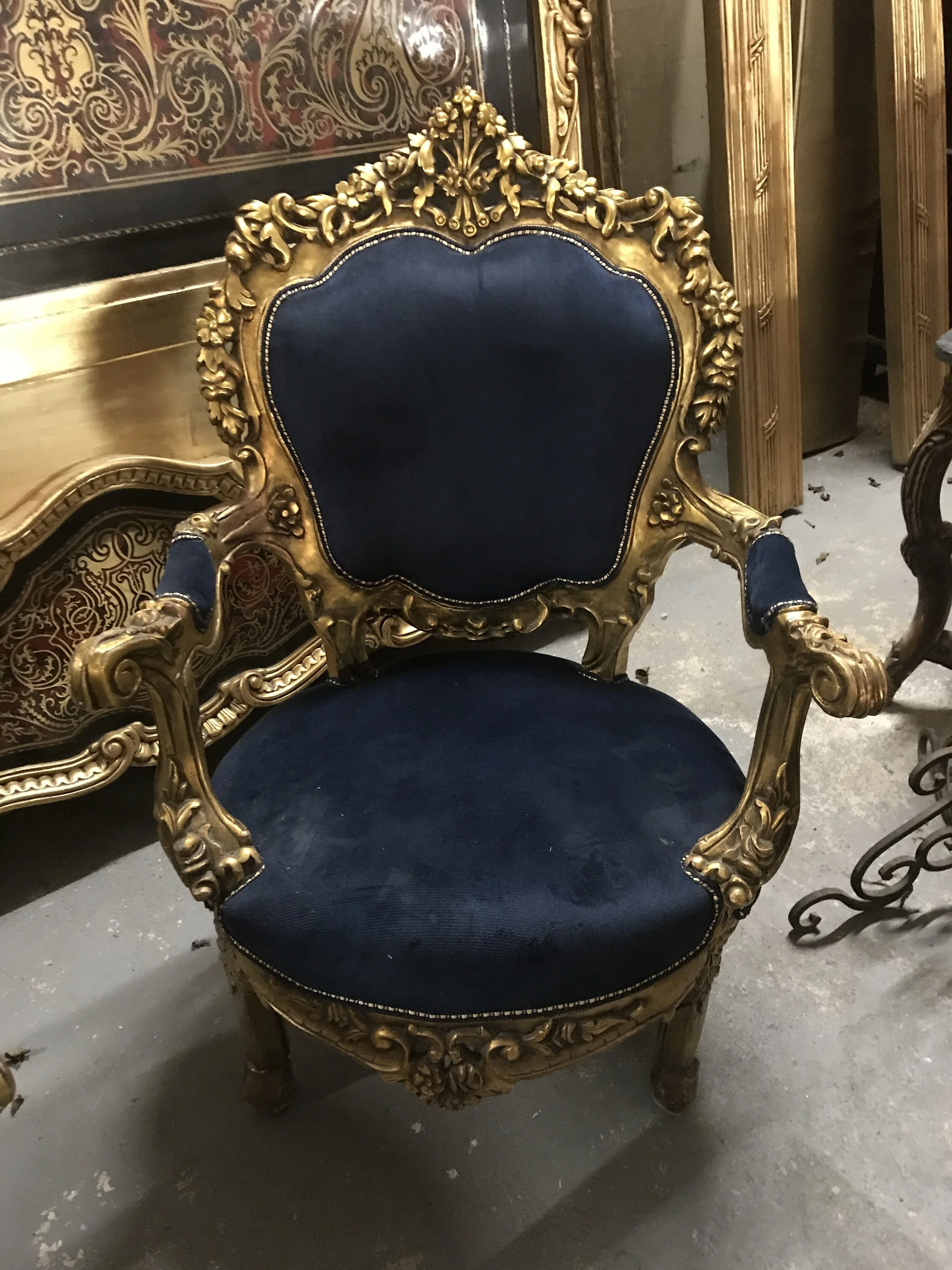 Fine recovered chairs with original gold Renaissance Antique Furniture and Lighting Warehouse Dublin Ireland